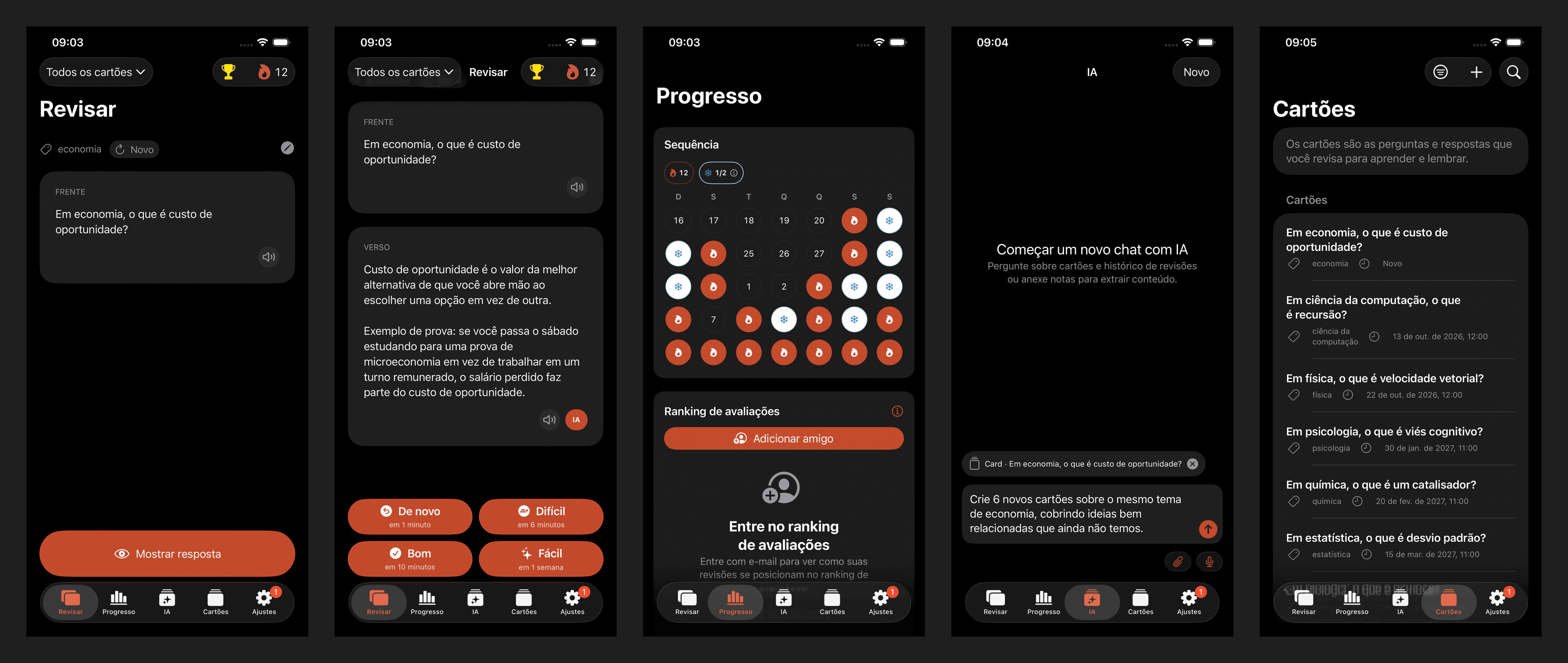 Telas do Nibomo com revisão, resultados, progresso, rascunho com IA e lista de cartões.