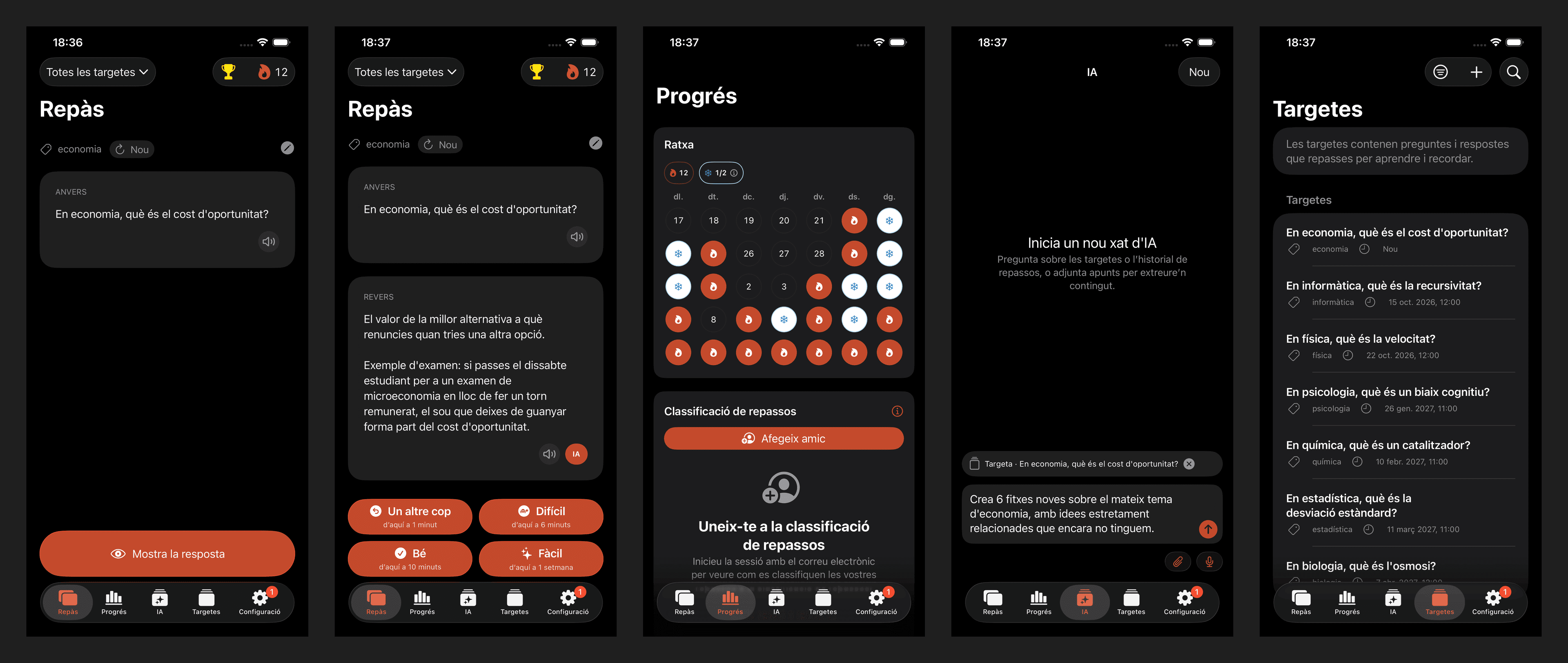 Pantalles de l'app Nibomo amb els fluxos de repàs, resultats de la resposta, progrés, esborrany amb IA i llista de targetes.
