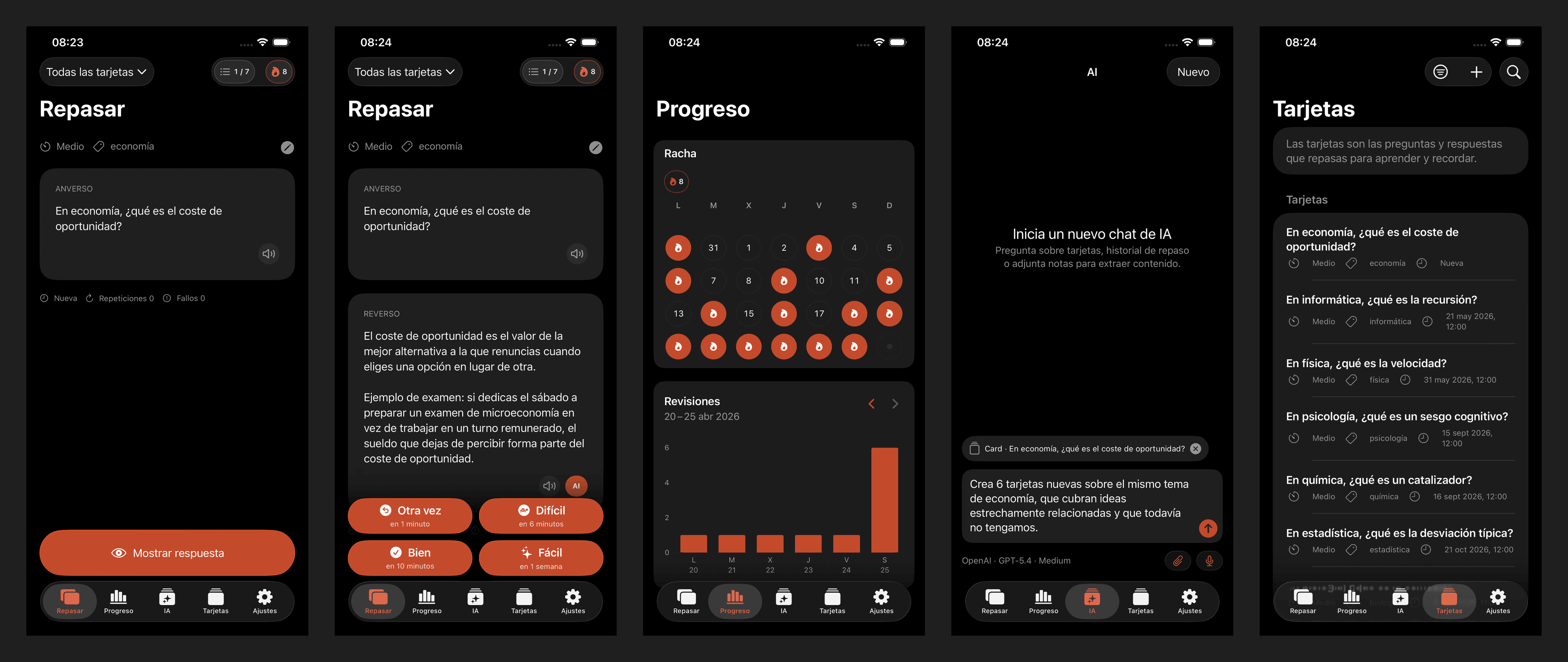 Pantallas de Nibomo con repaso, resultados, progreso, borrador con IA y lista de tarjetas.