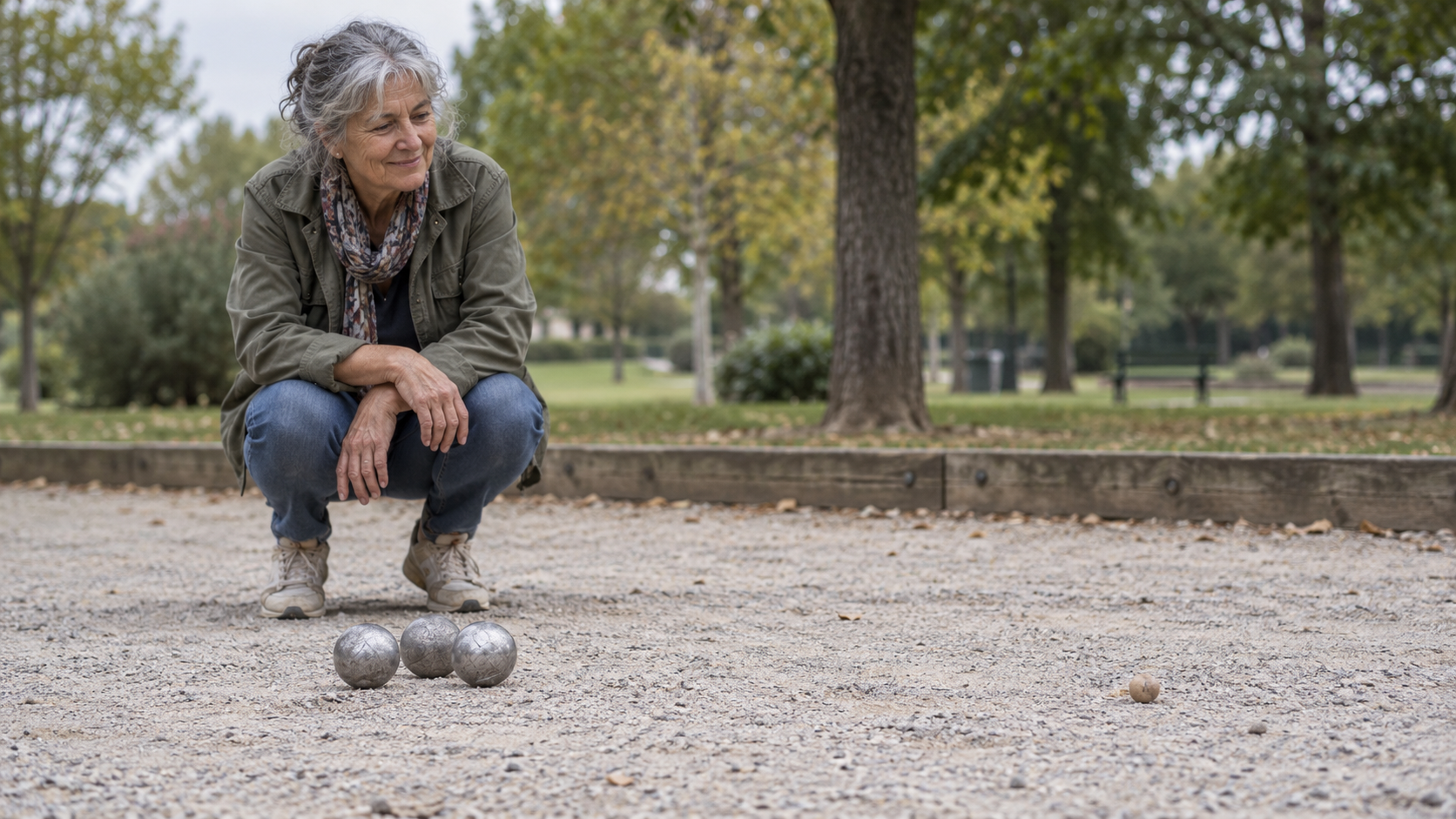 A woman crouches beside three closely grouped pétanque balls that lie well away from the small wooden target ball