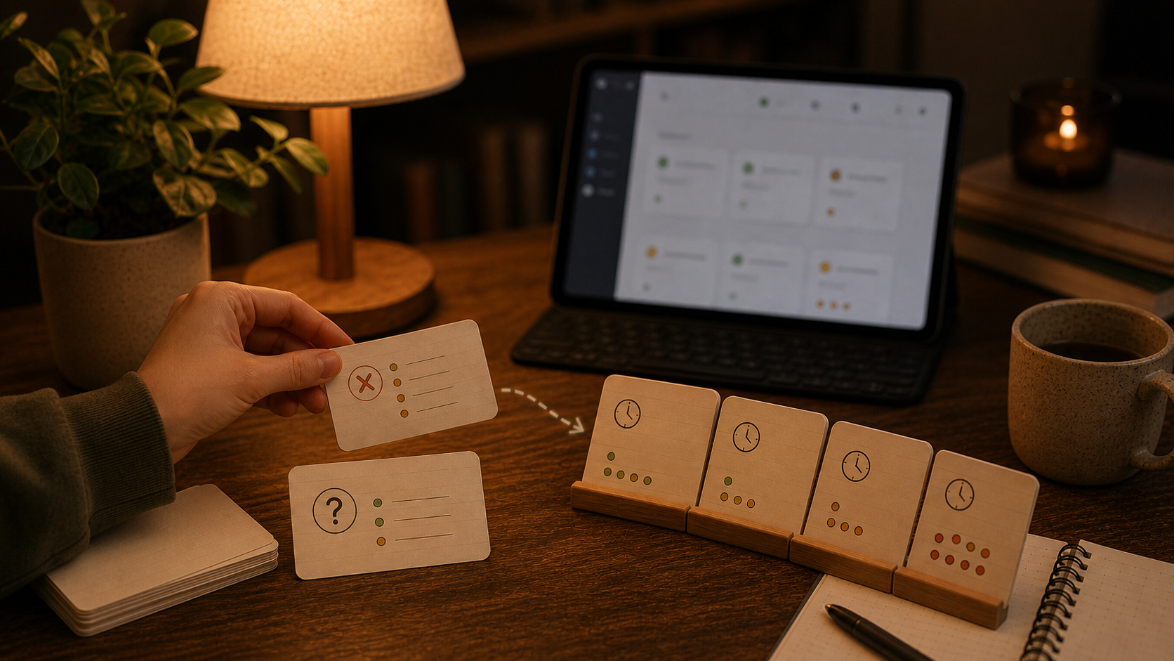 Warm desk with active recall cards moving into a spaced repetition review queue
