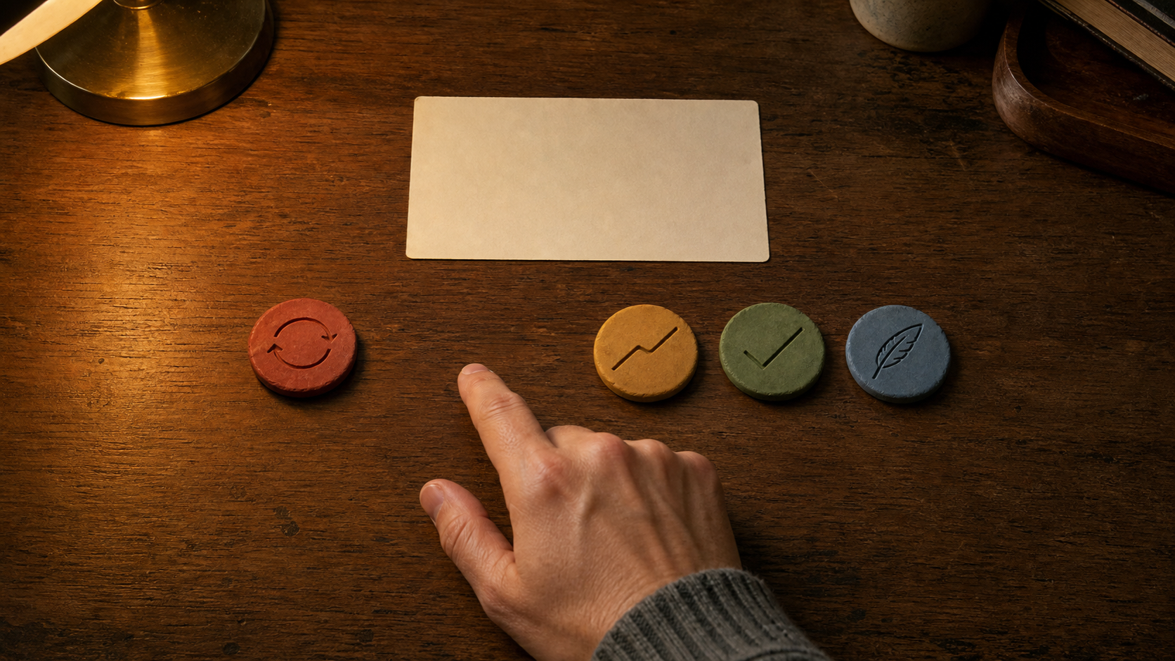 A hand choosing Again vs Hard in FSRS among the four flashcard ratings on a warm wooden desk