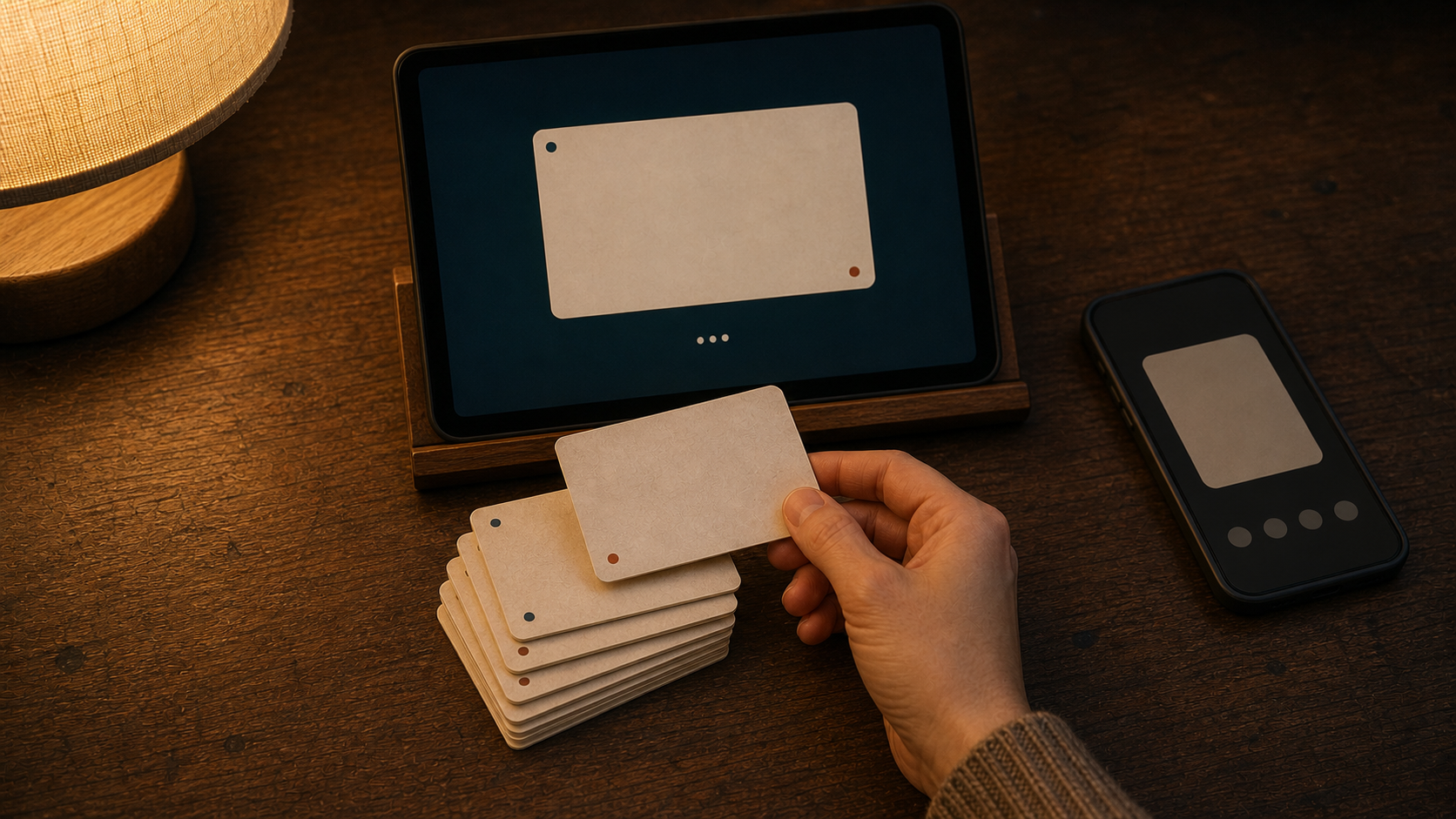 One card at a time: a hand lifts a flashcard from a small stack beside a tablet showing a single card and a phone with four round buttons.