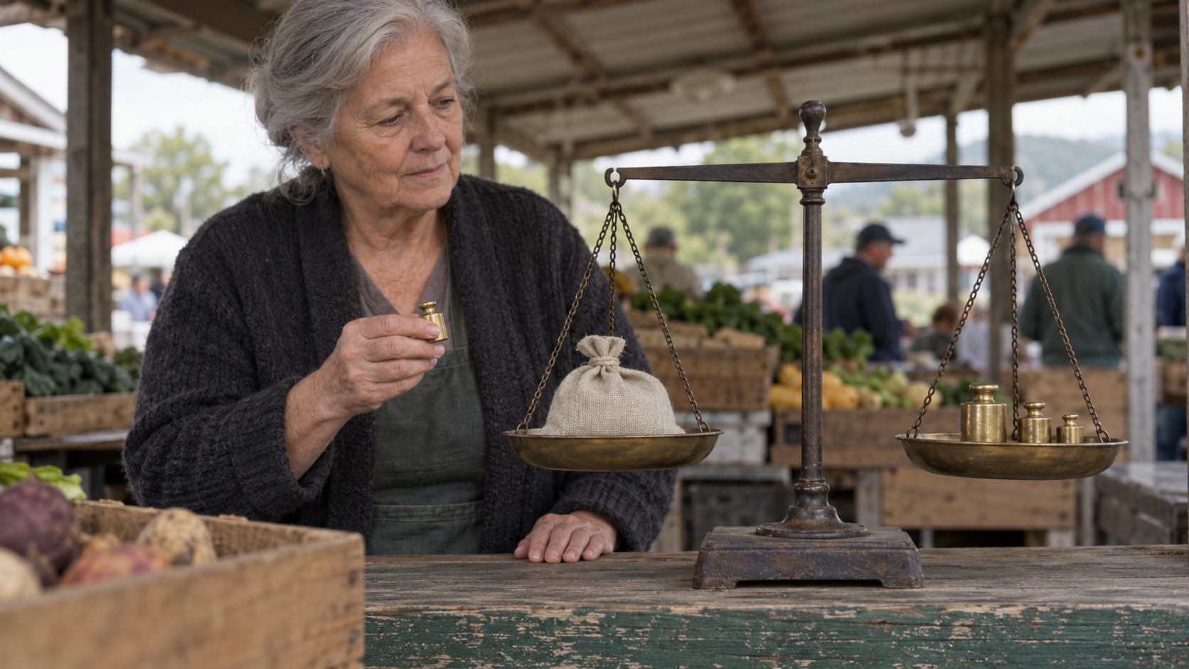 A woman at a covered market holds a brass weight beside a level balance scale with a linen sack in one pan and three weights in the other