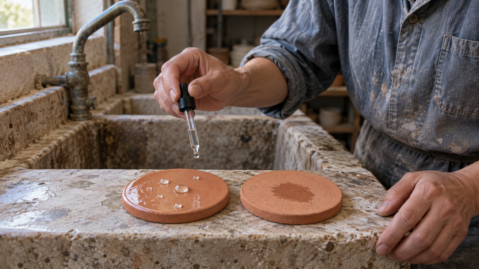 A ceramicist drops water onto two round terracotta tiles; water beads on the glazed tile and soaks into the unglazed tile