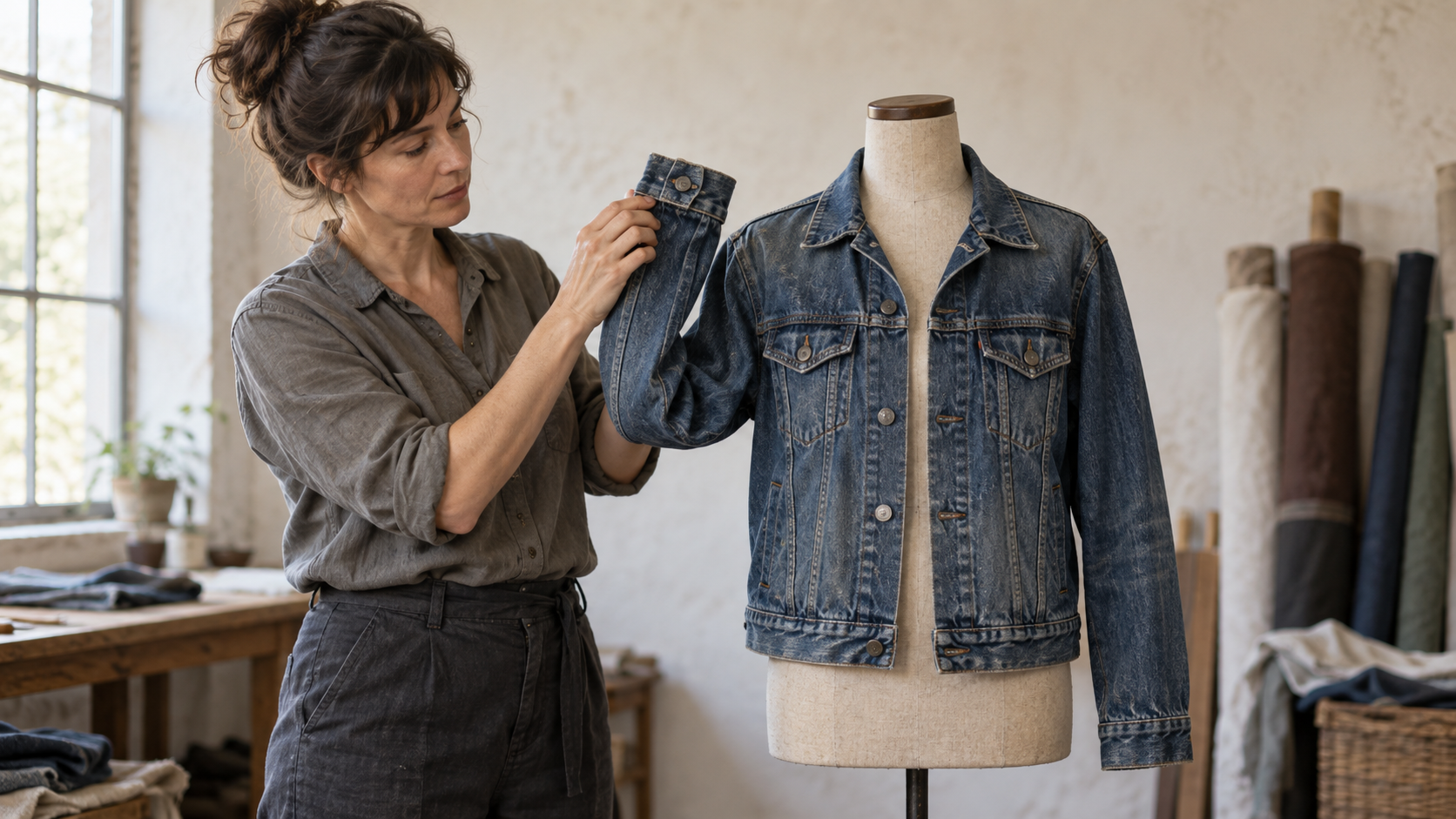 A tailor bends a denim jacket sleeve so its cuff rests near the shoulder while the order of its parts stays unchanged