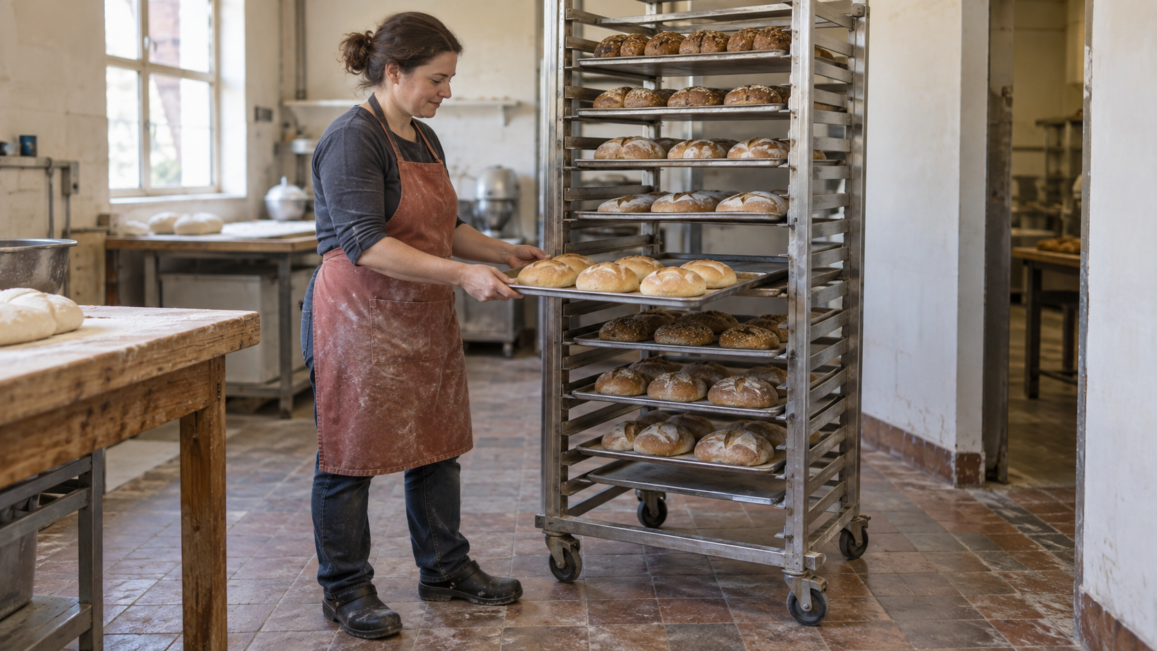 A baker slides one tray of bread out of a wheeled rack while the other trays remain in place.