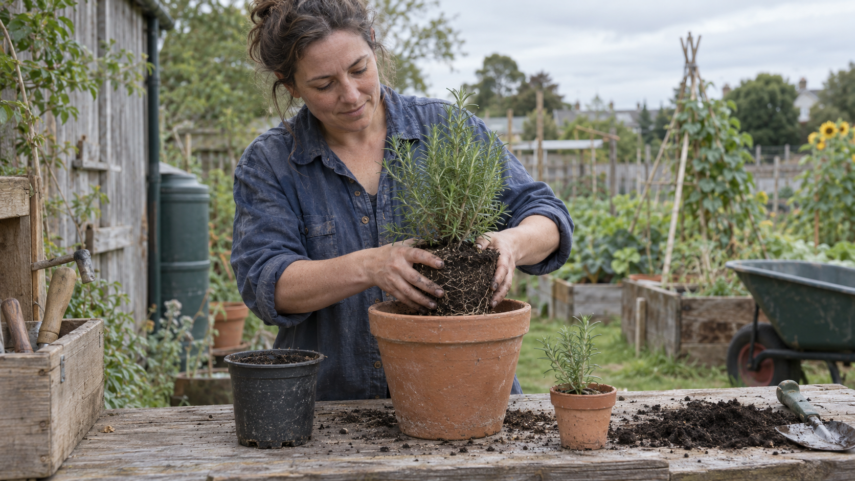 A gardener moves a rosemary plant with its roots intact into a larger pot beside a separate young seedling