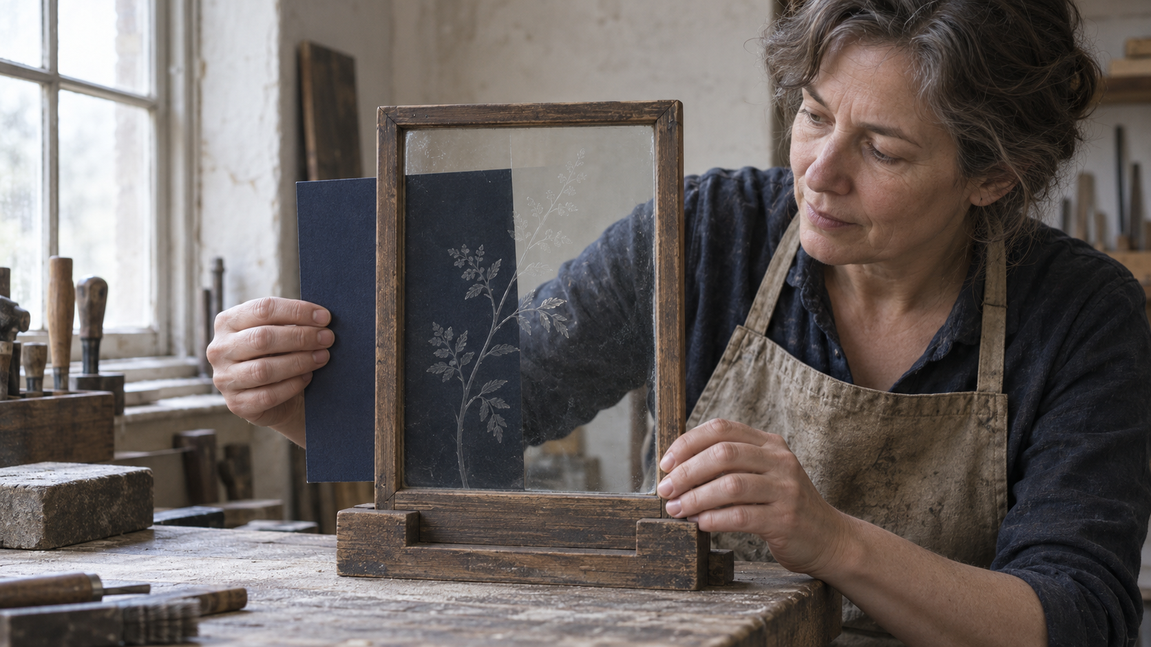 A restorer slides a dark board behind etched glass to make its pale botanical pattern visible