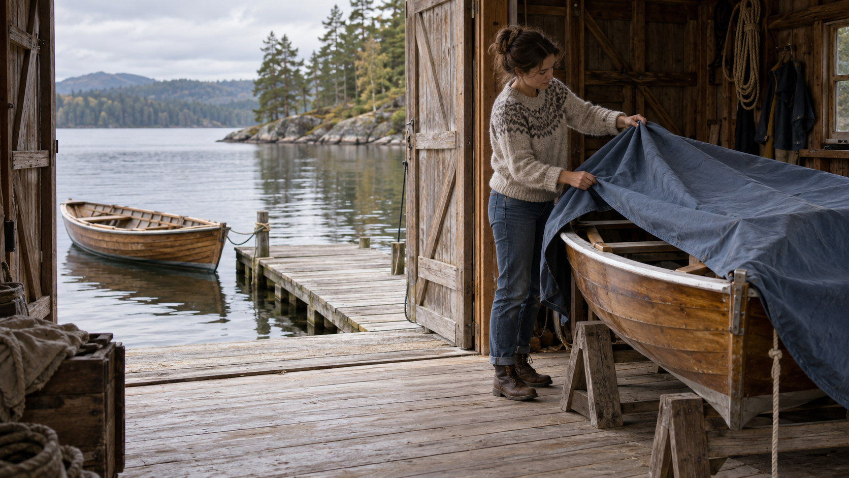A woman covers a stored rowboat while another boat waits moored beside the dock