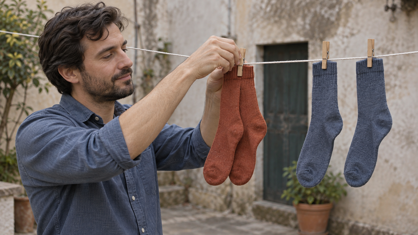 A man clips two terracotta socks under one peg beside two blue socks hanging from separate pegs