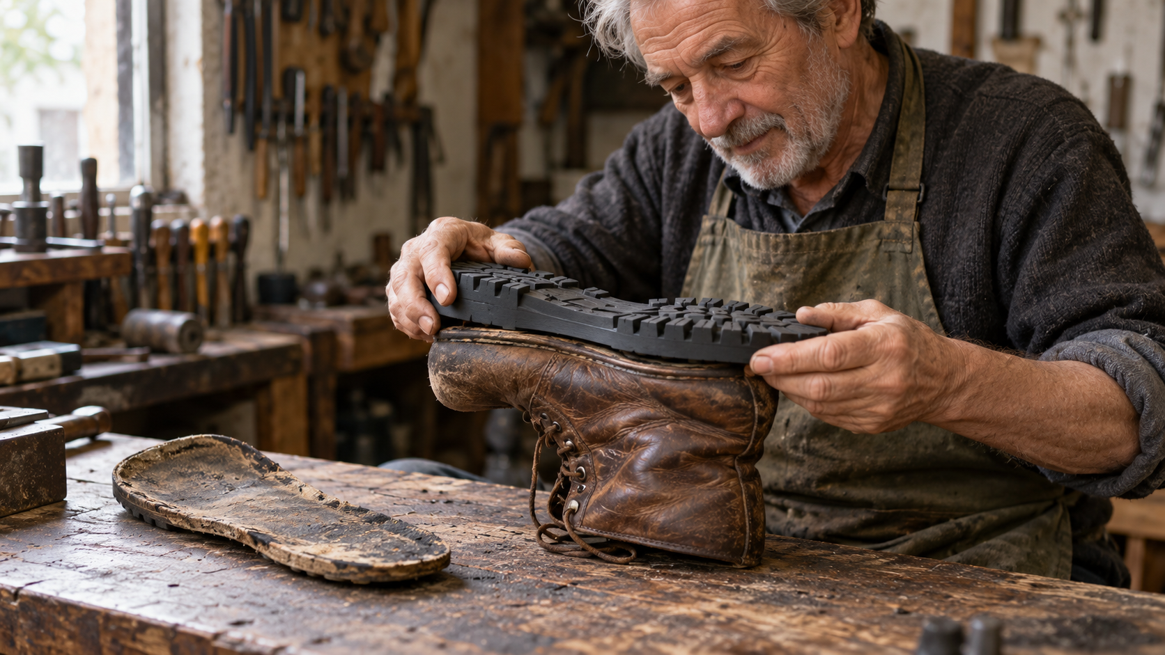 A cobbler fits a new rubber sole to a worn leather boot while its removed sole rests on the workbench