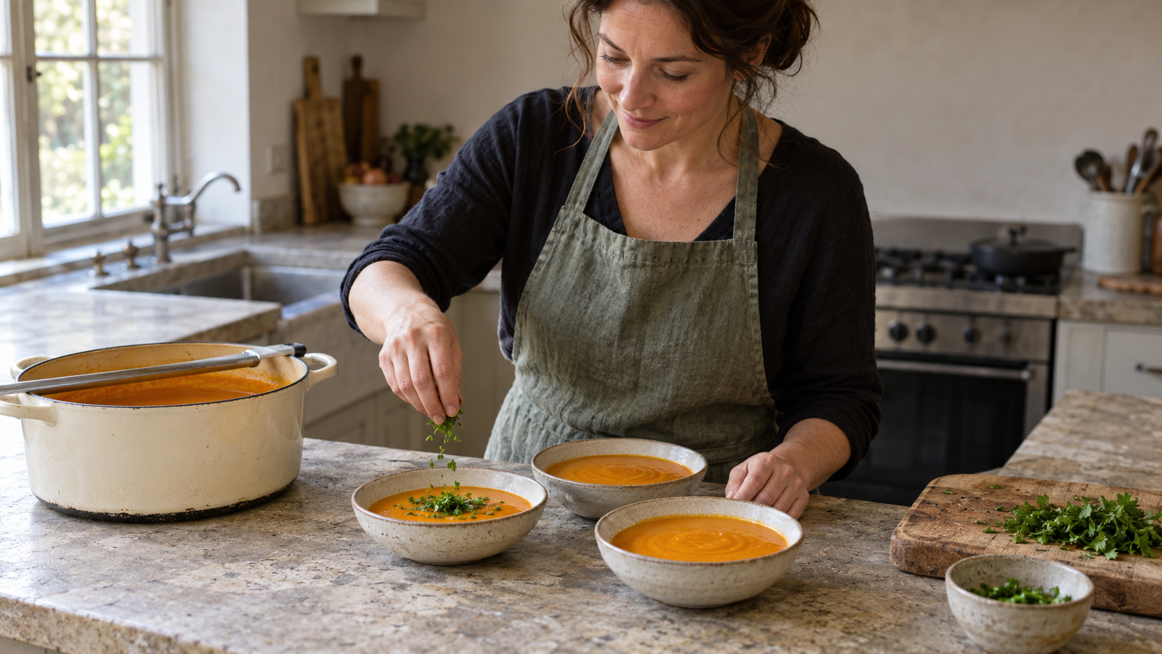A woman adds herbs to one bowl of orange soup while two other portions and the shared pot remain plain