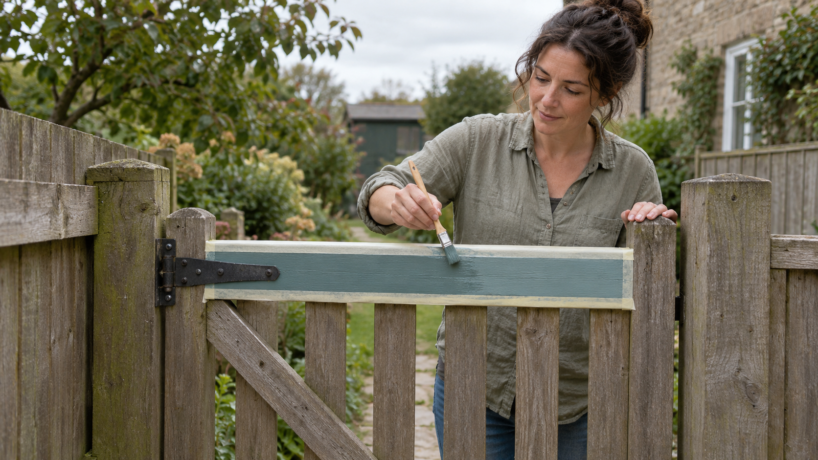 A woman paints the masked upper rail of a garden gate while its wooden slats and neighboring fence remain untouched