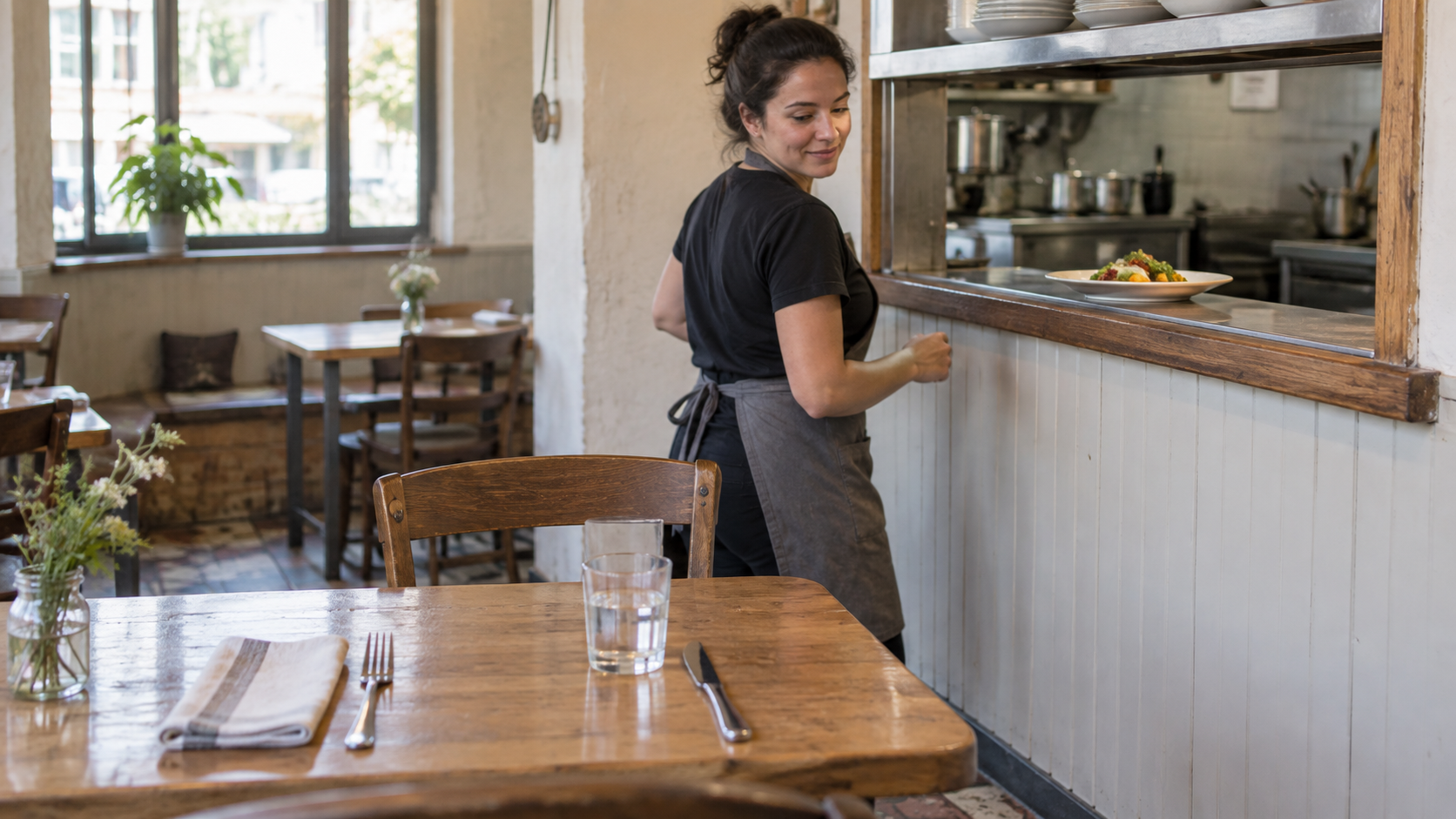 A server checks a meal waiting at the kitchen hatch while a set café table still has no food