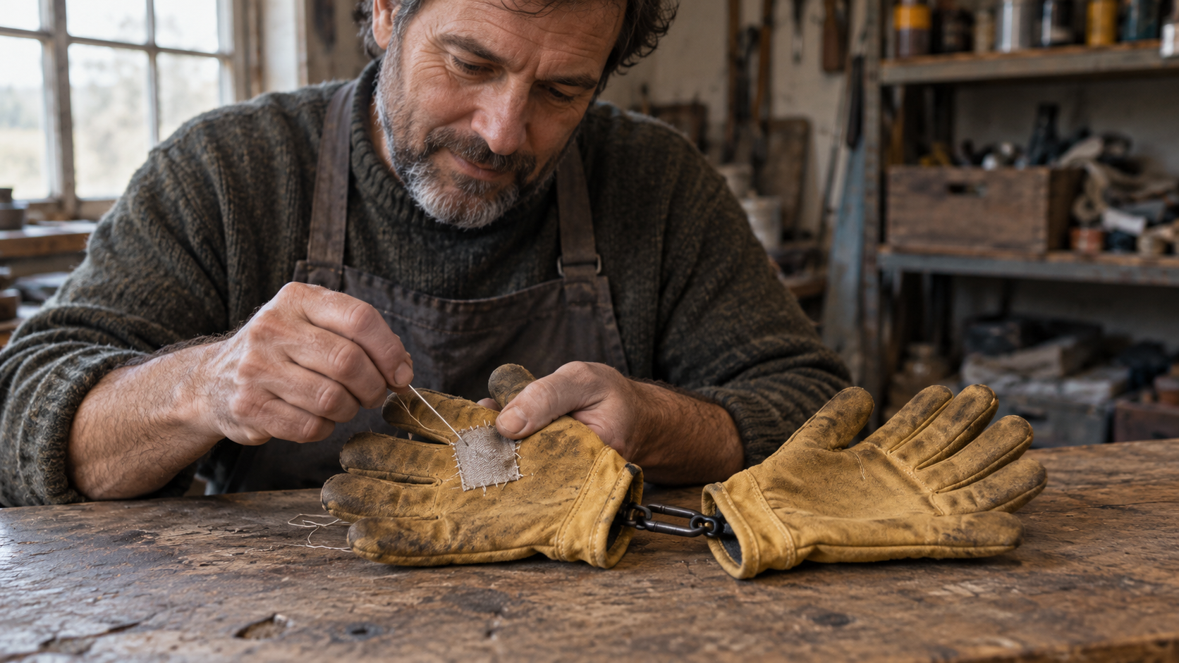 A man mends a patch on one work glove while its intact mate stays clipped to it at the cuffs