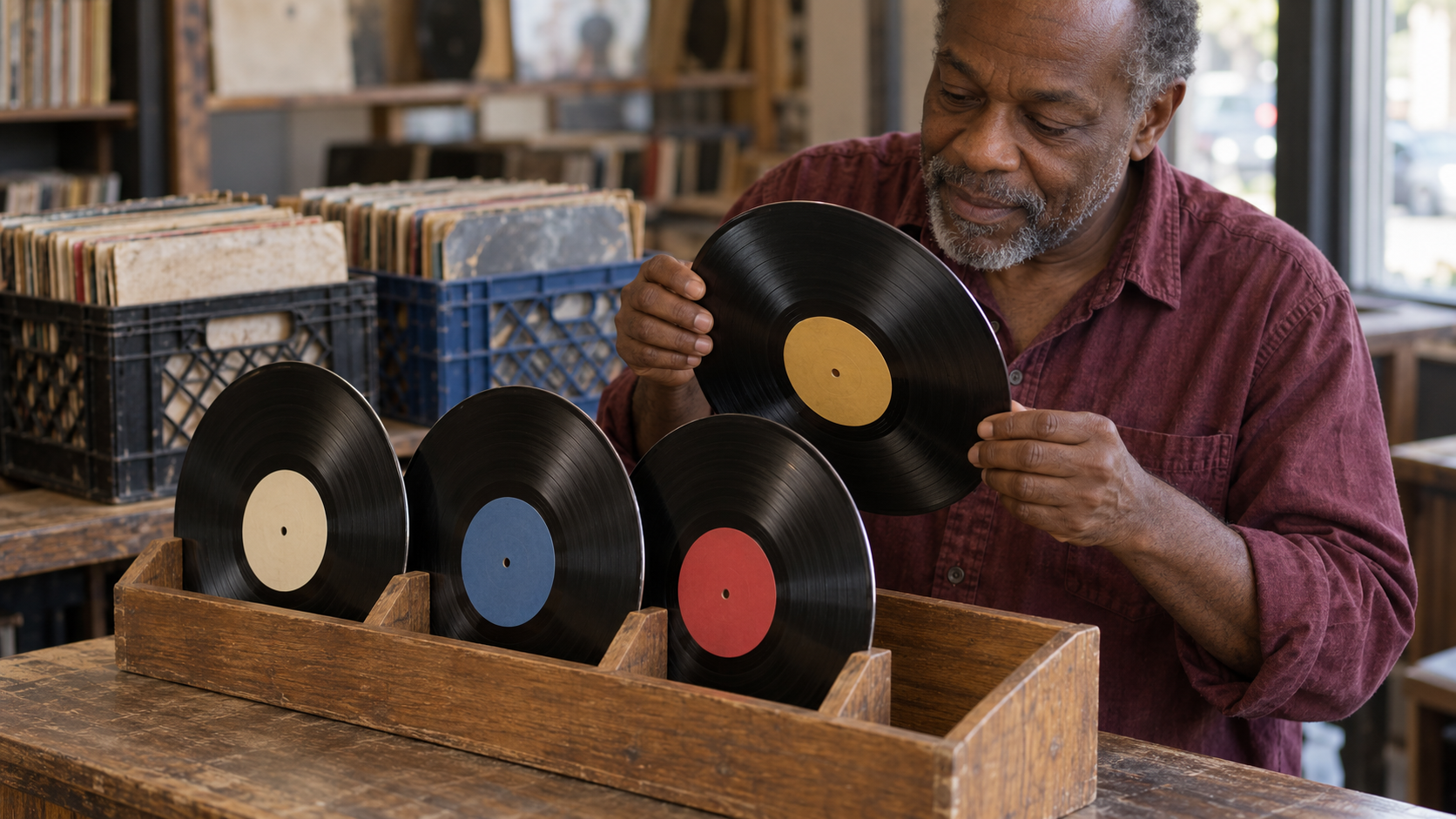 A man holds a fourth vinyl record above an empty rack compartment beside three records, with two crates of unselected albums behind him