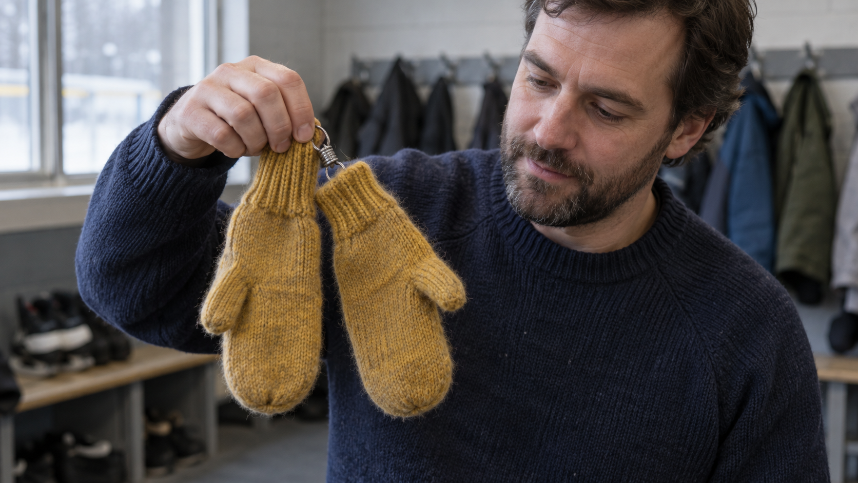 A man lifts one mustard wool mitten while its clipped partner hangs beside it in a cloakroom
