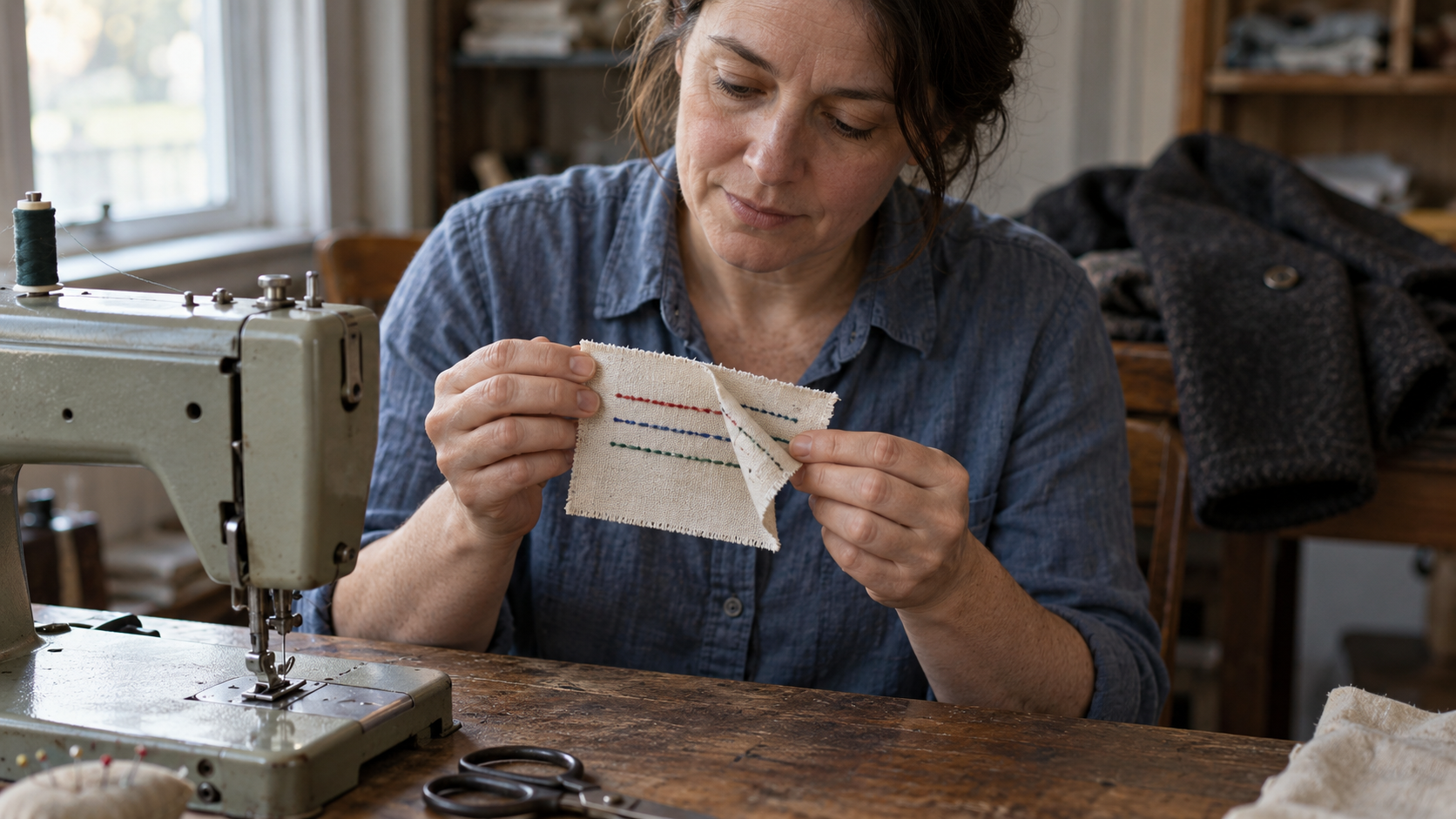 A seamstress turns over a small linen test swatch to inspect three colored stitch rows while a wool coat waits nearby