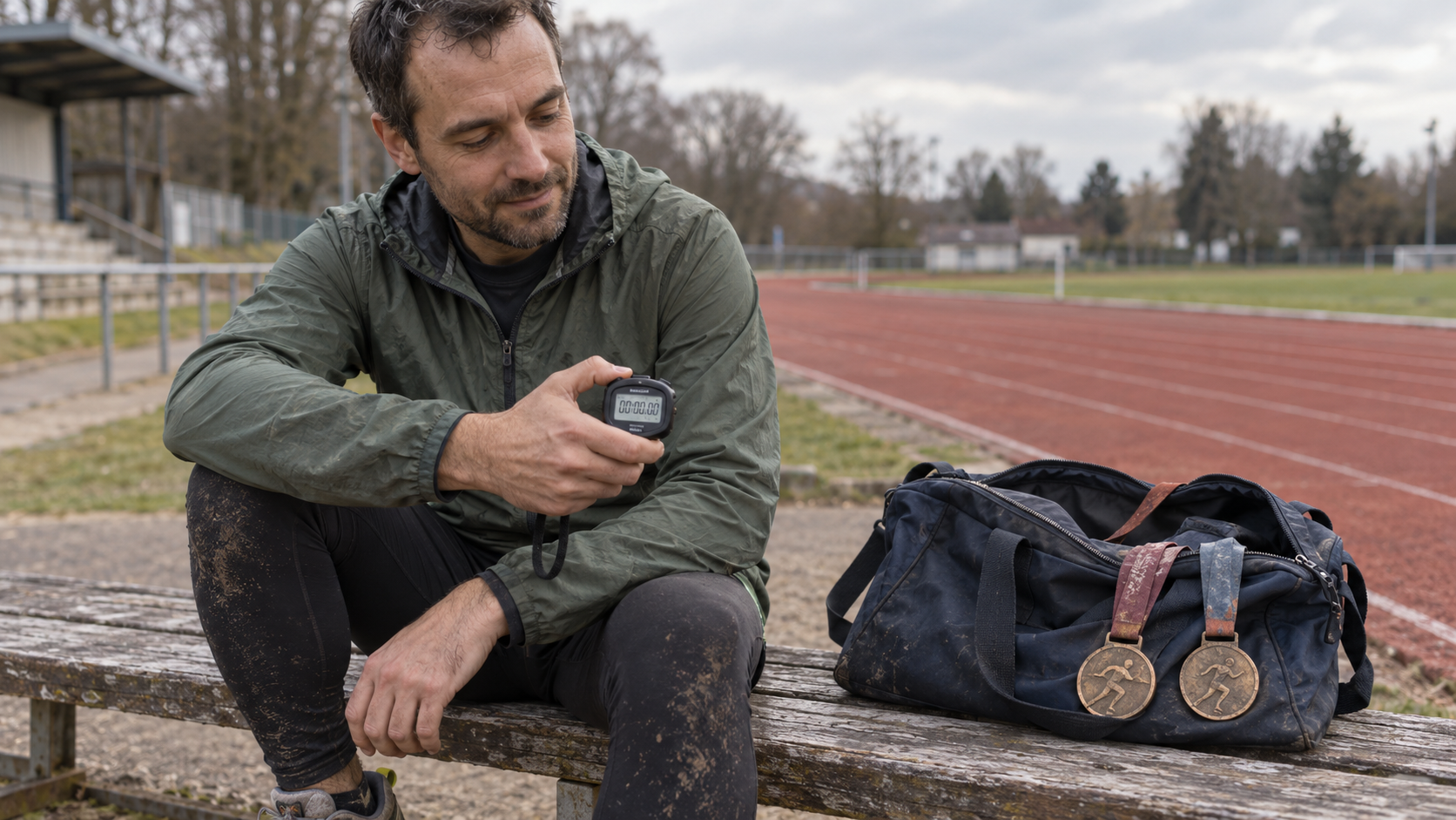 A runner resets a stopwatch while two worn medals hang from a kit bag beside him
