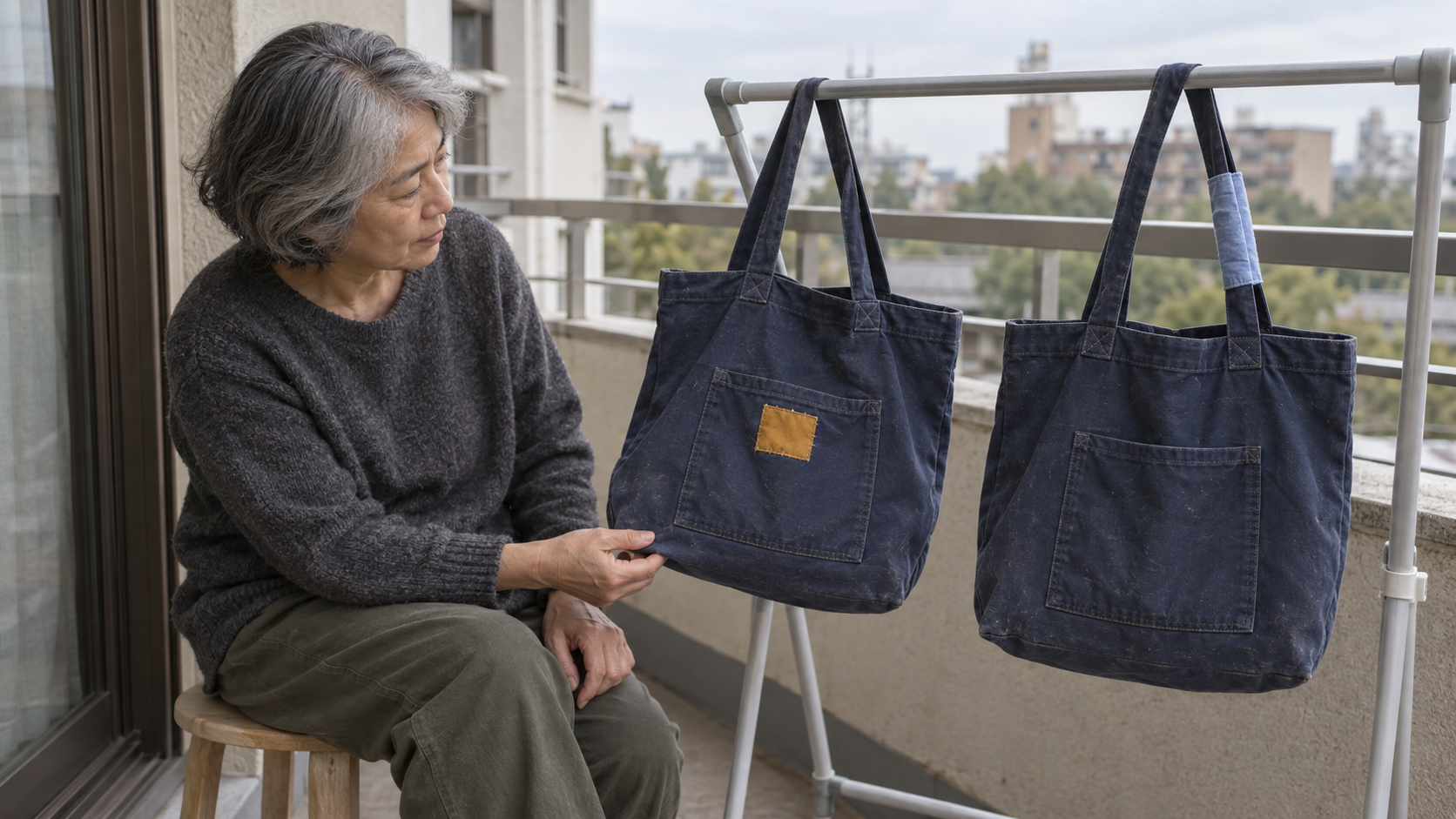 A woman compares two navy tote bags: one has a patched pocket, while the other has a reinforced handle.