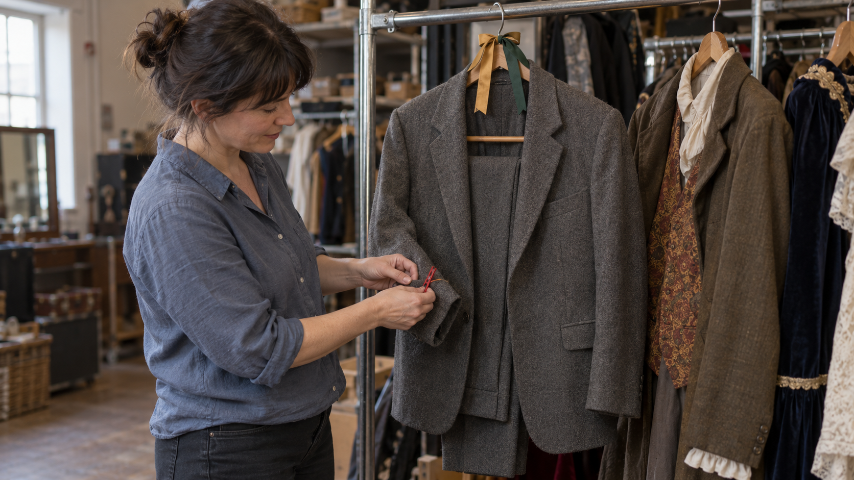 A wardrobe volunteer clips one jacket sleeve while two ribbons mark the jacket-and-trousers outfit on its shared hanger