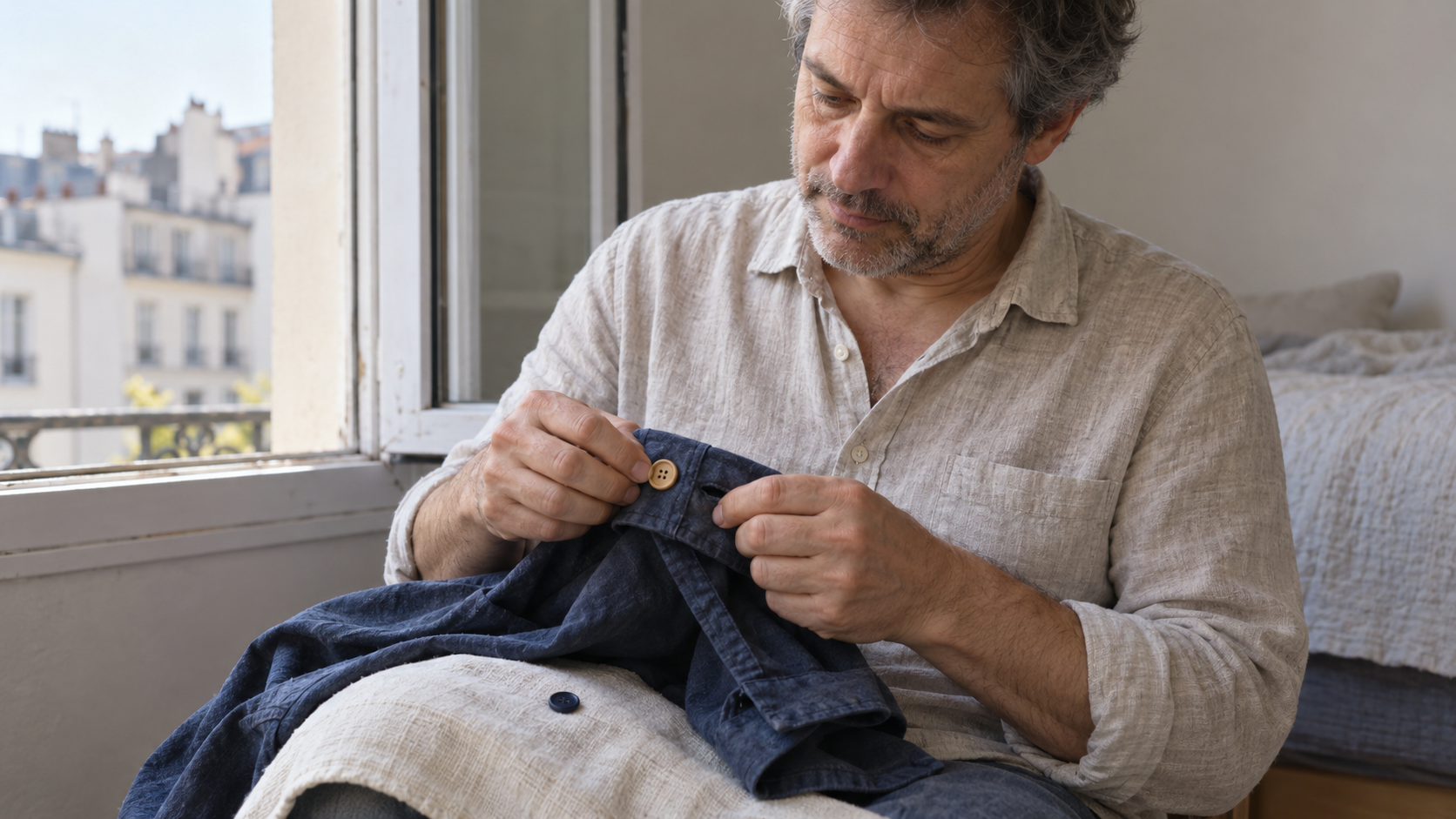 A man checks a tan replacement button against a blue overshirt cuff, with the original navy button resting on cloth in his lap