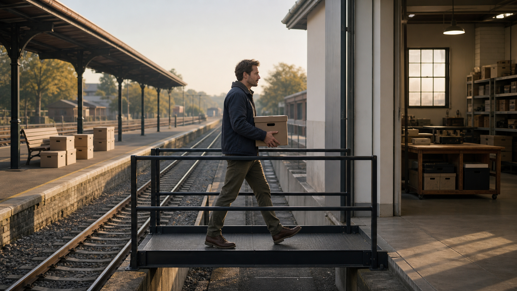 A traveler carries one archive box across a narrow test bridge while a well-used railway remains open behind them