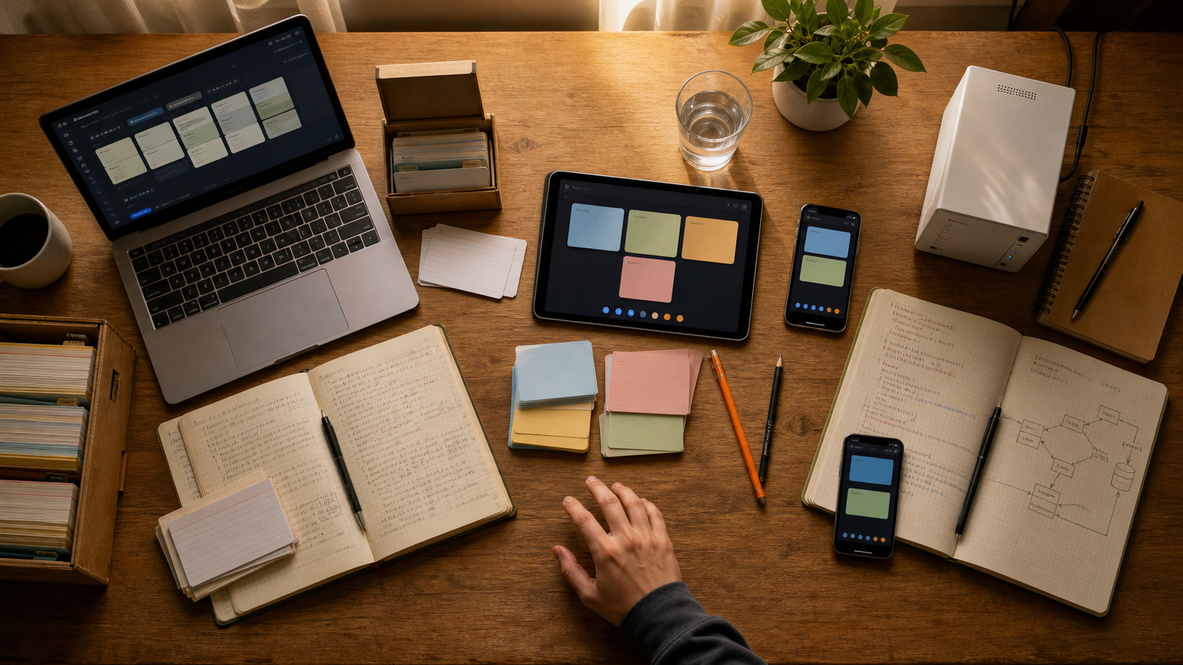 A warm study desk comparing a mature local flashcard collection, a shared classroom setup, and an open-source AI study stack