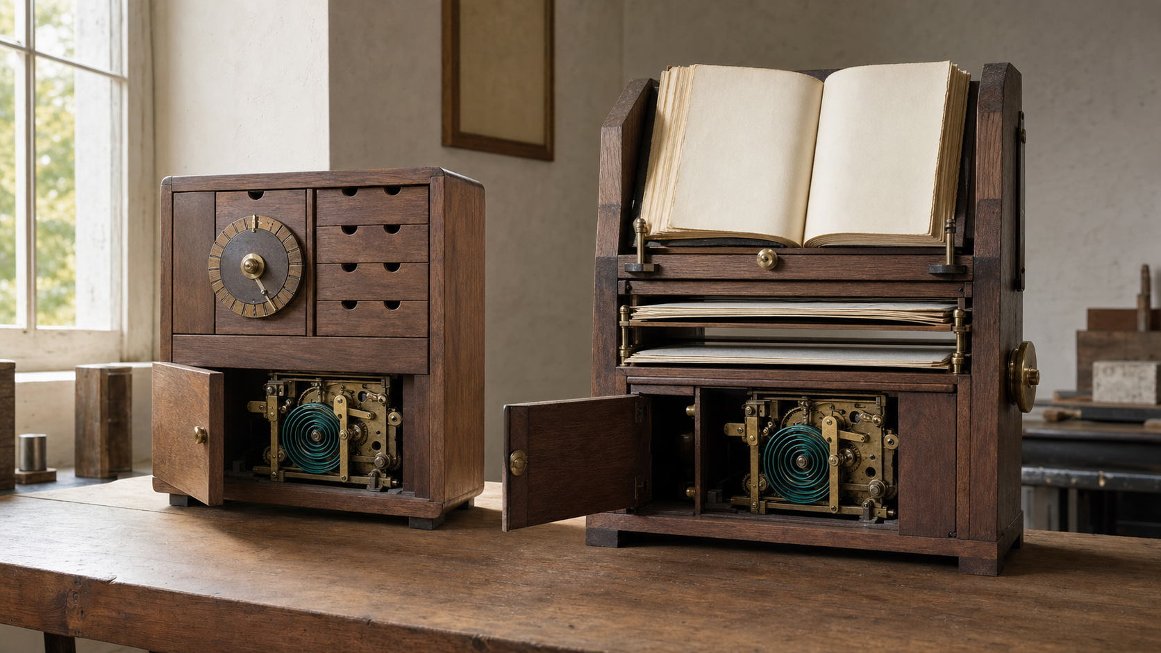 Two different learning machines revealing the same teal FSRS clockwork scheduler inside