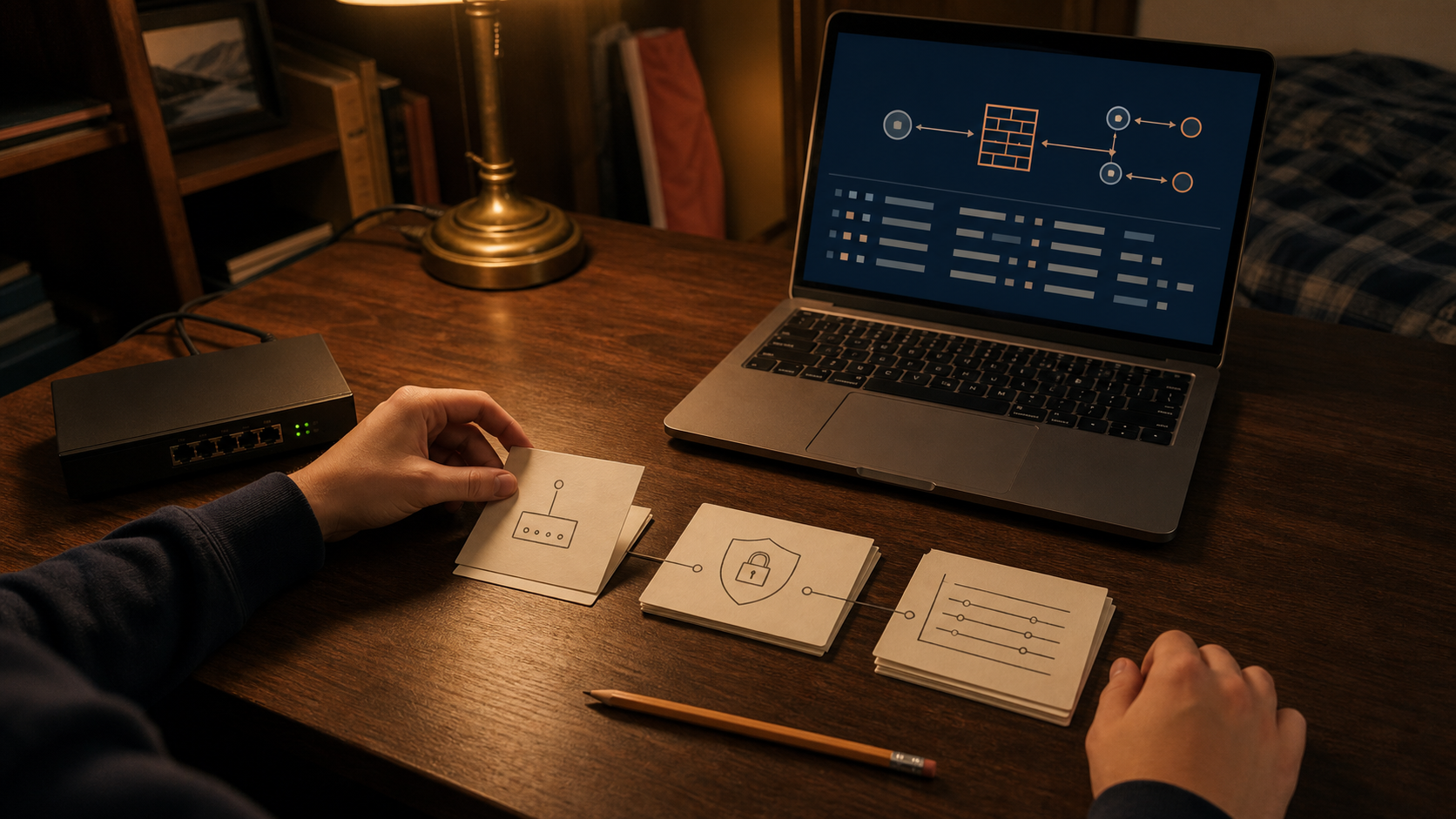Learner organizing AP Cybersecurity flashcards linking a device or asset, a security control, and log evidence beside a laptop and network device