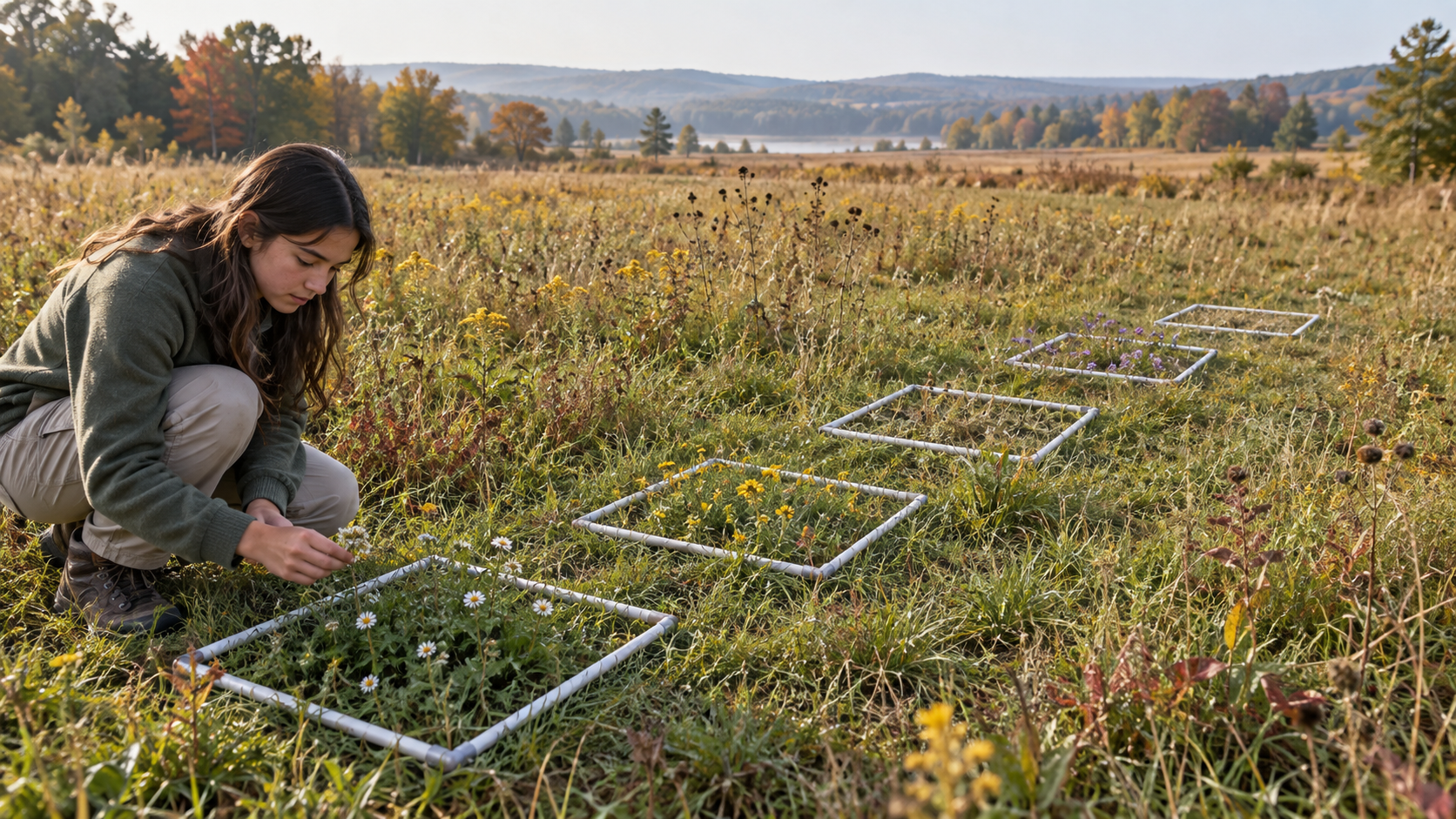 Student examining five ecological sampling squares spread across a meadow