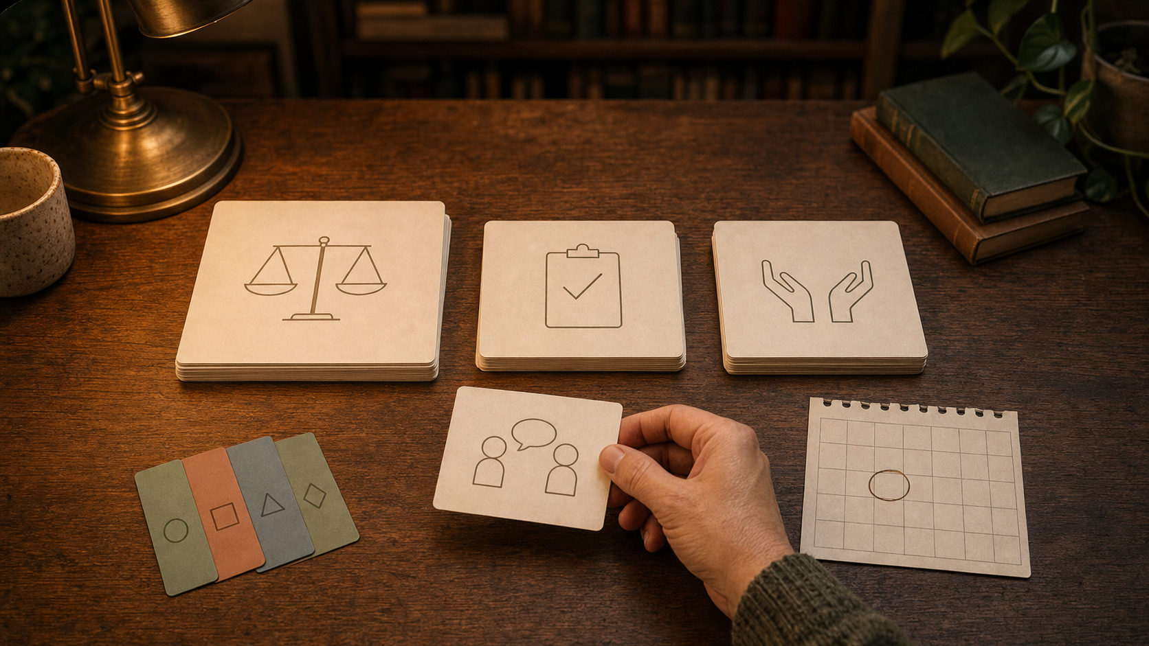 ASWB study flashcards in three 2026 blueprint groups, with four category tabs, a scenario card in hand, and a marked calendar