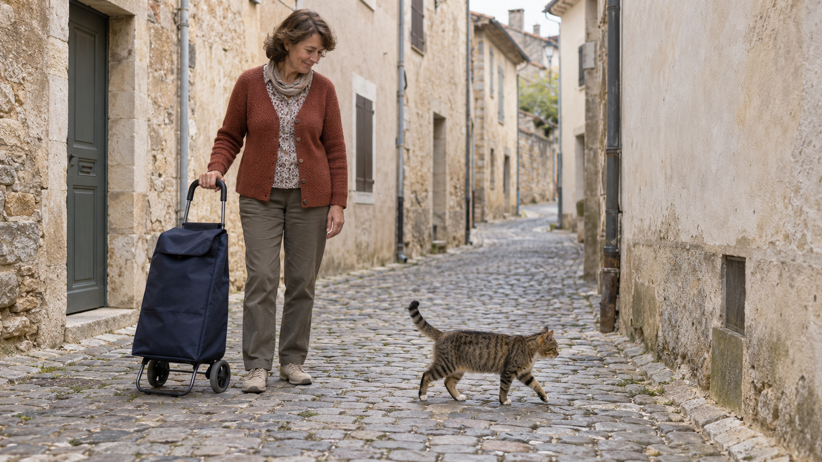 A woman pauses with her shopping trolley in a cobbled lane while a tabby cat crosses ahead