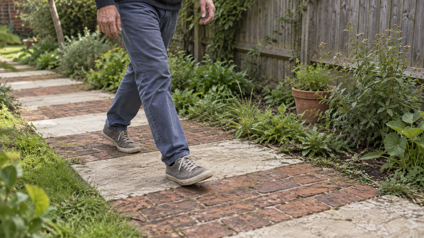 A person walking along a garden path with alternating pale stone and red brick bands.