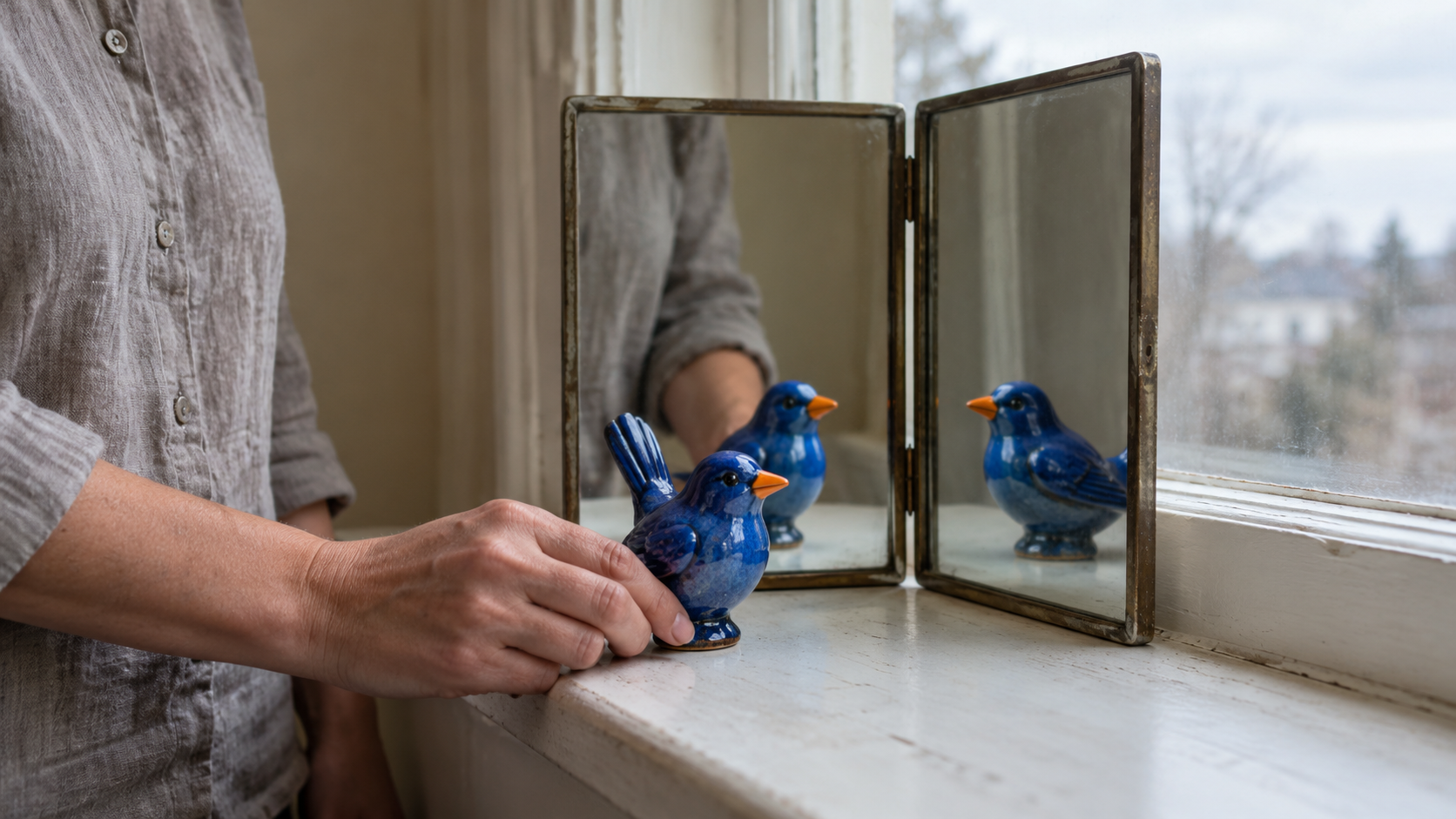 An adult places one blue ceramic bird before two hinged mirrors that reflect the same bird
