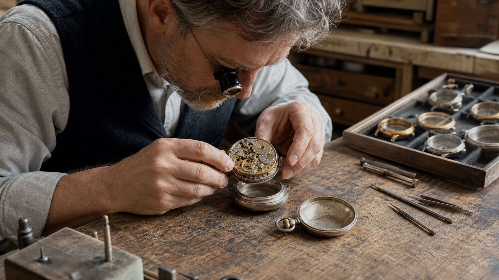 A watchmaker checks whether a mature pocket-watch movement will fit a different case