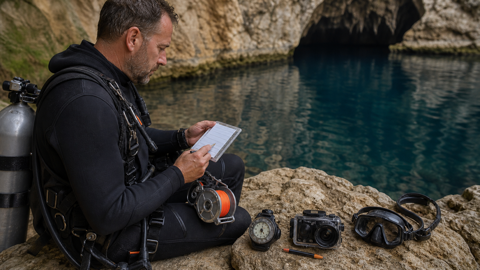 A cave diver checks five pieces of self-contained equipment before entering signal-free water