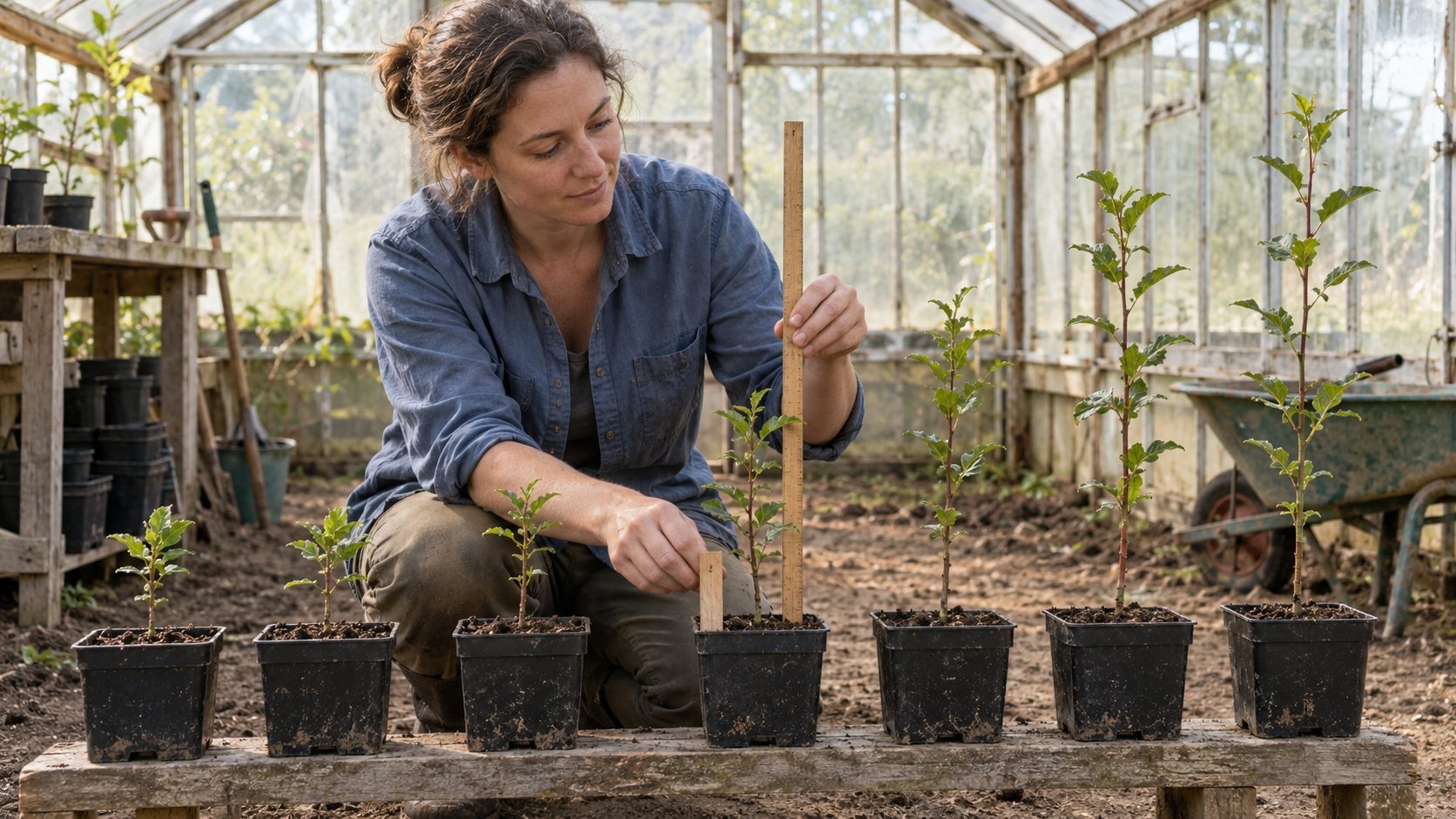A gardener holds a wooden measuring stick beside a row of potted saplings arranged from short to tall