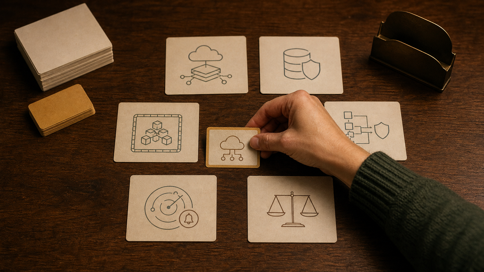 A hand adds an August update card to six CCSP cloud security domain cards on a warm wooden desk
