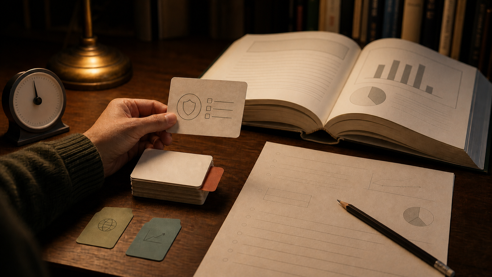 An adult learner moves one selected CFA Level III pathway card from a common-core stack toward a timed written response