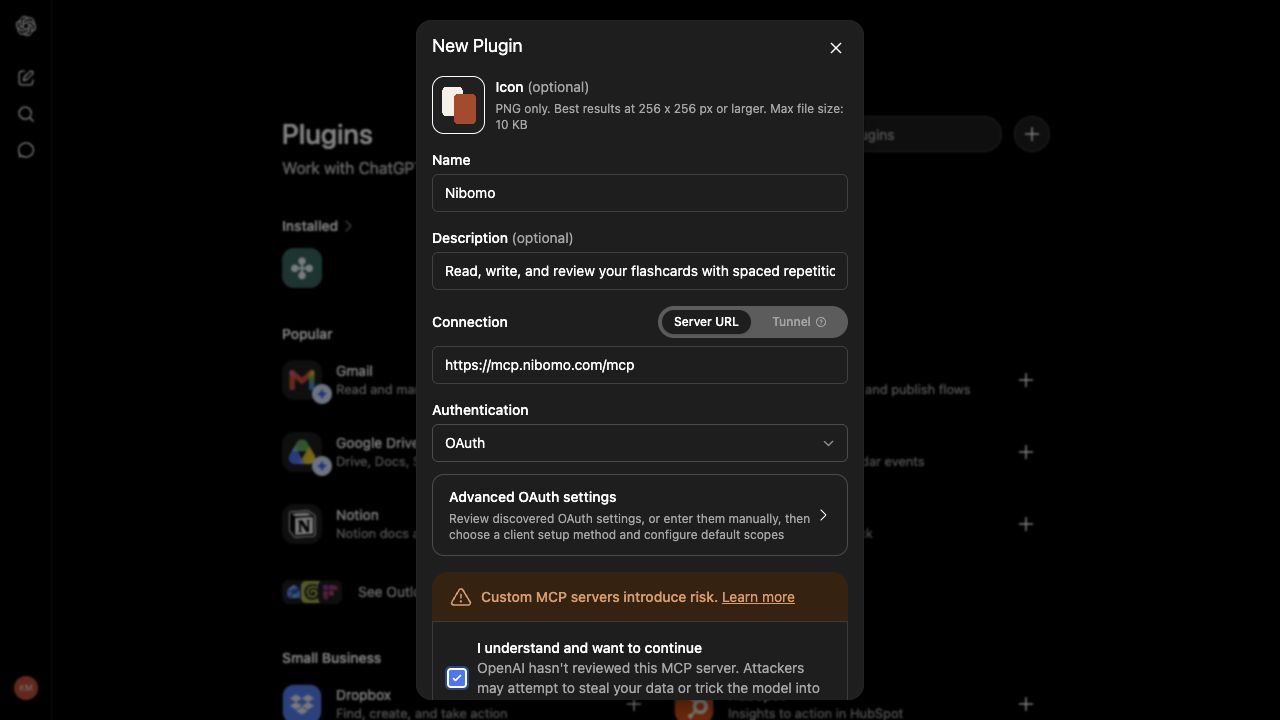 Formulario New Plugin de ChatGPT con la URL del servidor MCP de Nibomo y la autenticación OAuth seleccionada