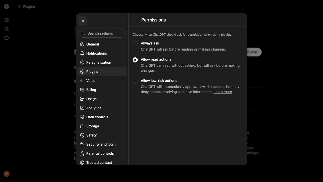 Permisos de plugins de ChatGPT con la opción Allow read actions seleccionada