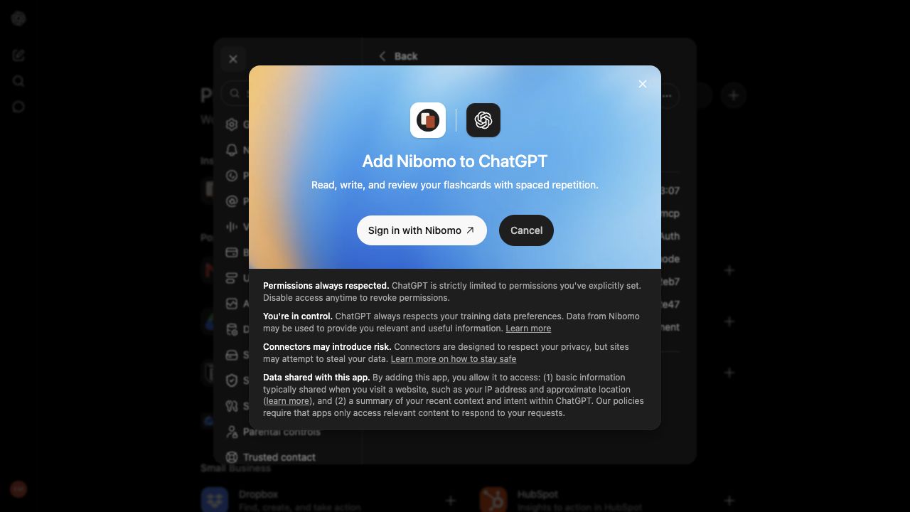Pantalla Add Nibomo to ChatGPT con el botón Sign in with Nibomo, antes de iniciar sesión