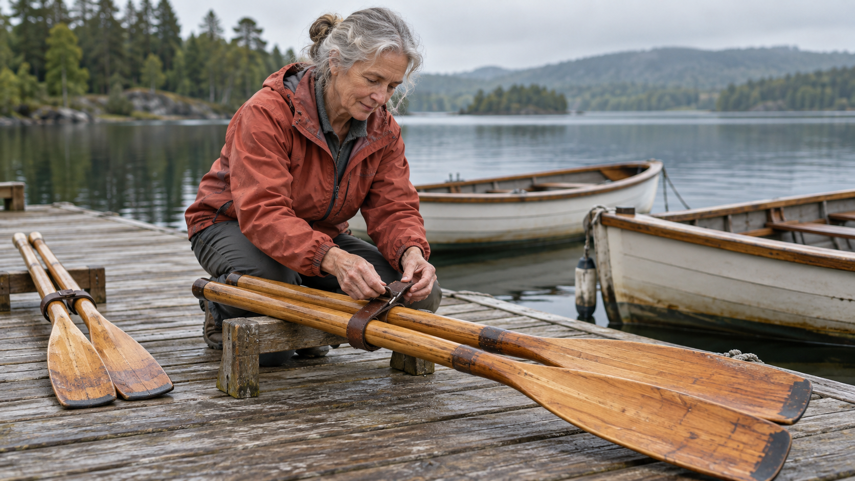 A rowing instructor loosens a leather strap around a pair of wooden oars on a lakeside dock