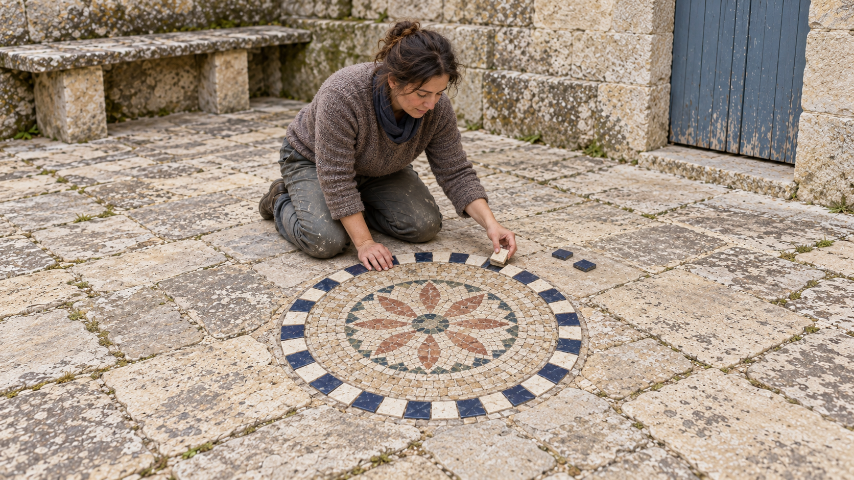 A woman compares a cream tile with a gap in the border of a circular blue and cream mosaic