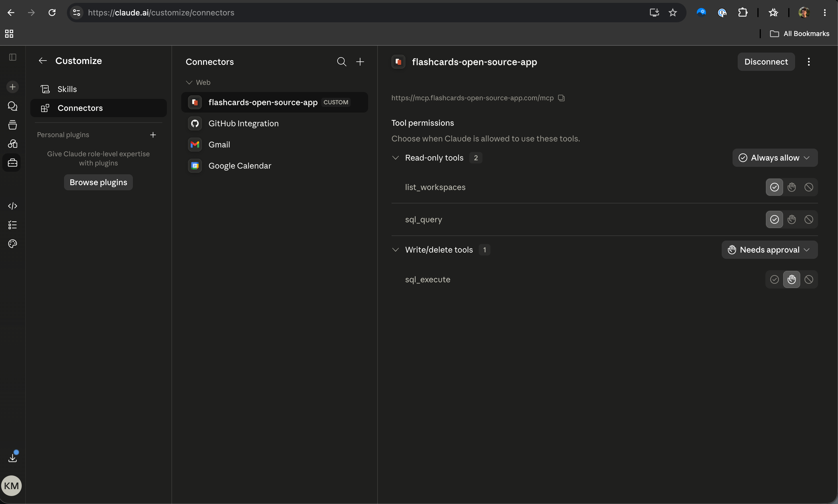 Claude connector settings showing Nibomo MCP permissions with read tools always allowed and write tools needing approval
