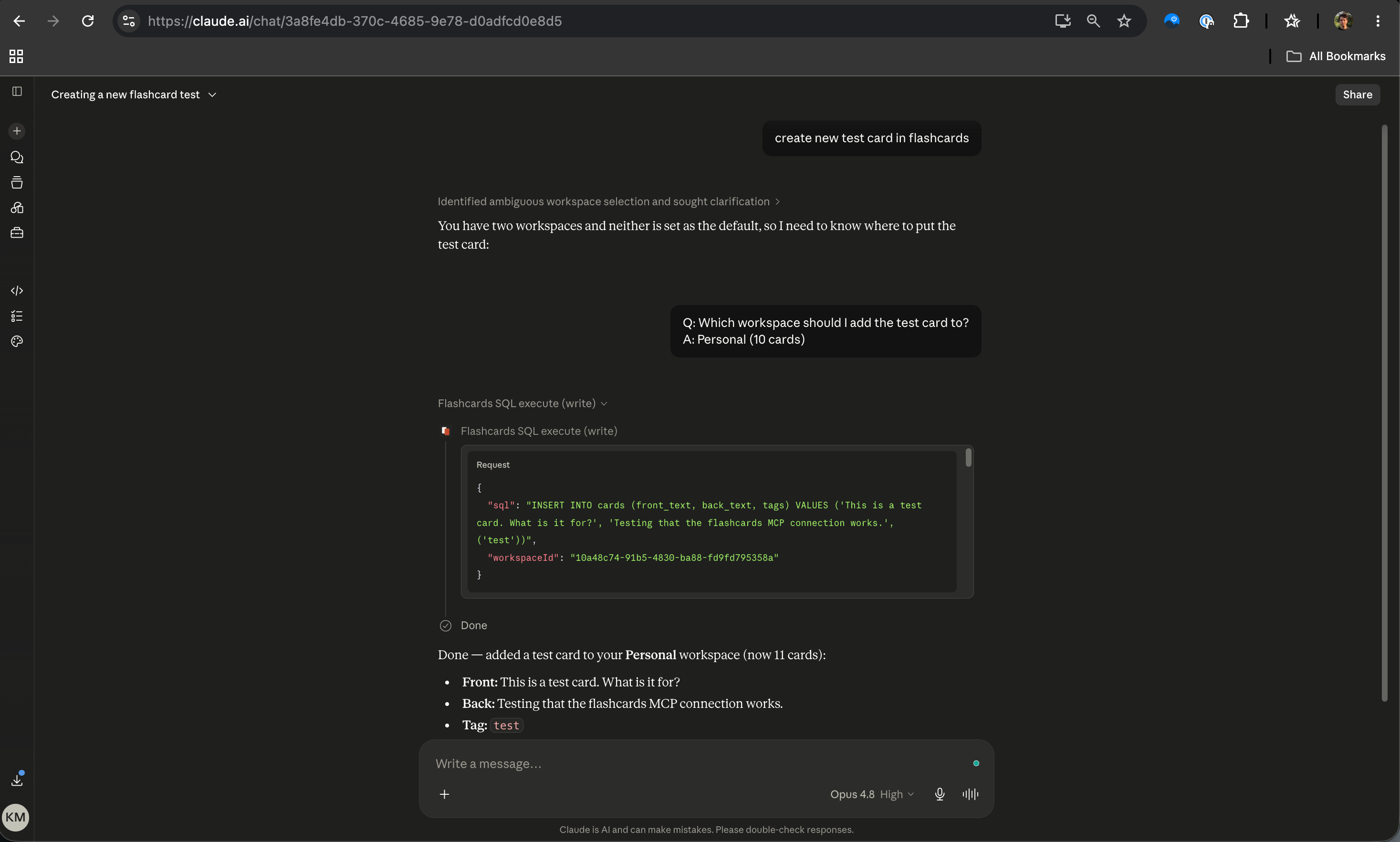 Claude chat creating a test flashcard through the Nibomo MCP connector after asking which workspace to use