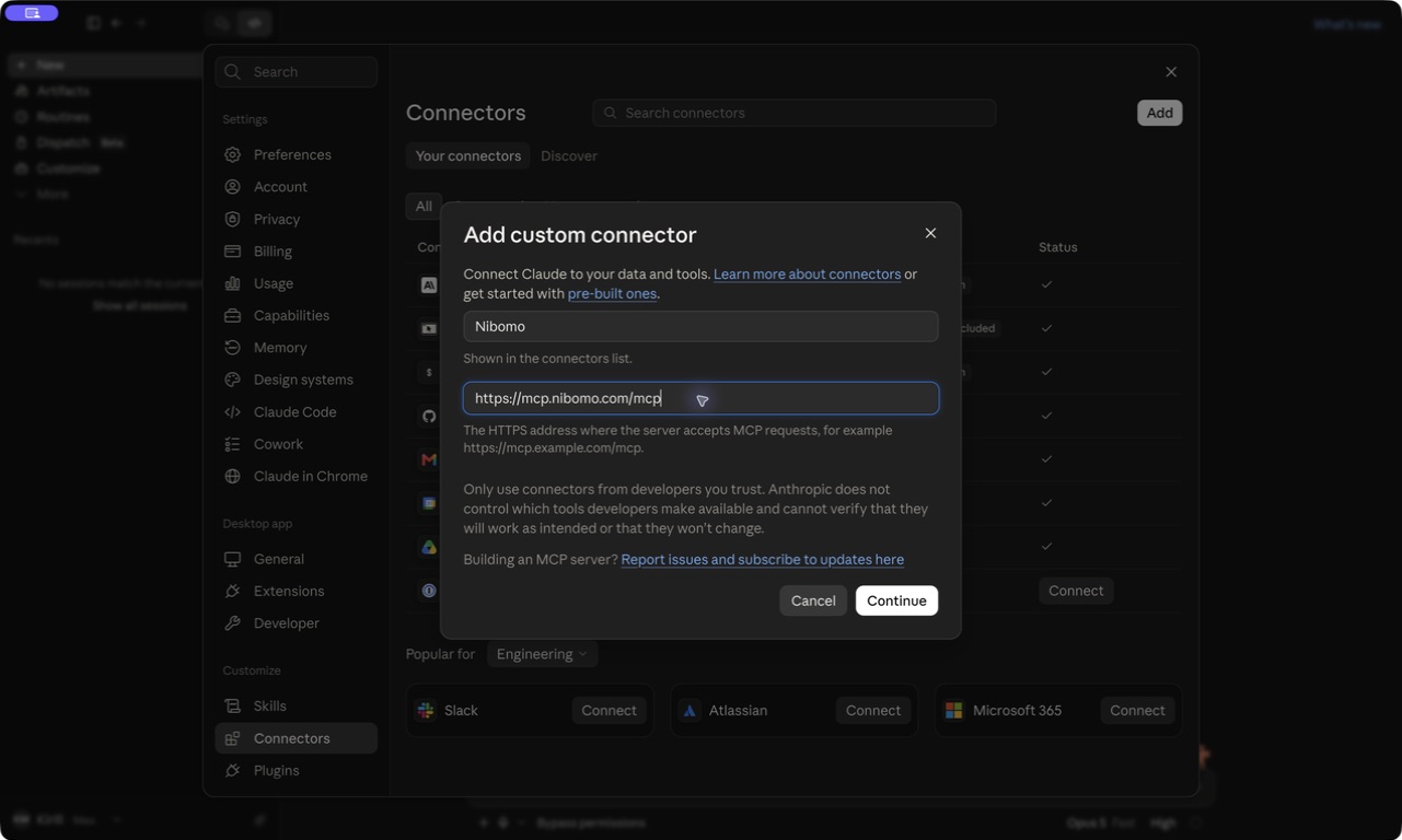 La fenêtre Add custom connector de Claude avec le nom Nibomo et l’URL du serveur MCP