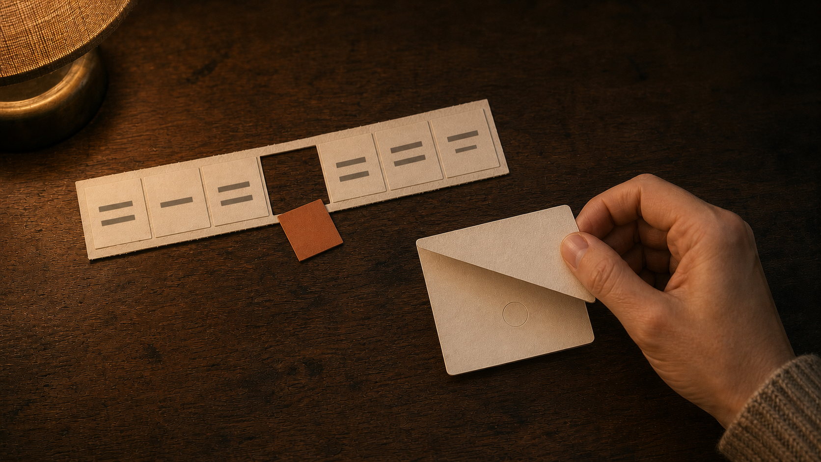 Warm desk with a missing tile in a cloze-style sentence strip beside a hand flipping a basic front-and-back card